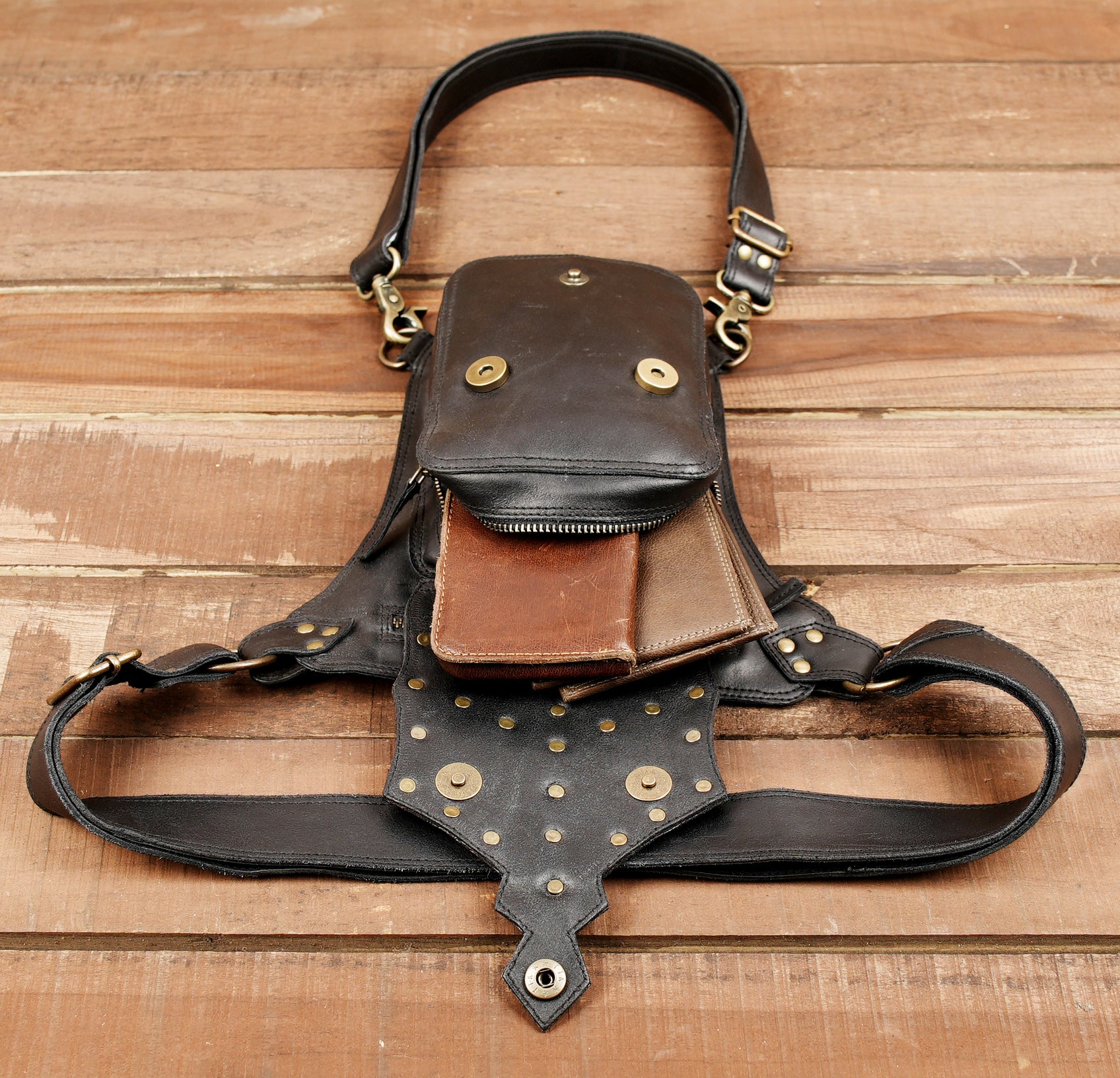 Leather Waist Belt with Thigh Straps and Antique Brass Hardware.