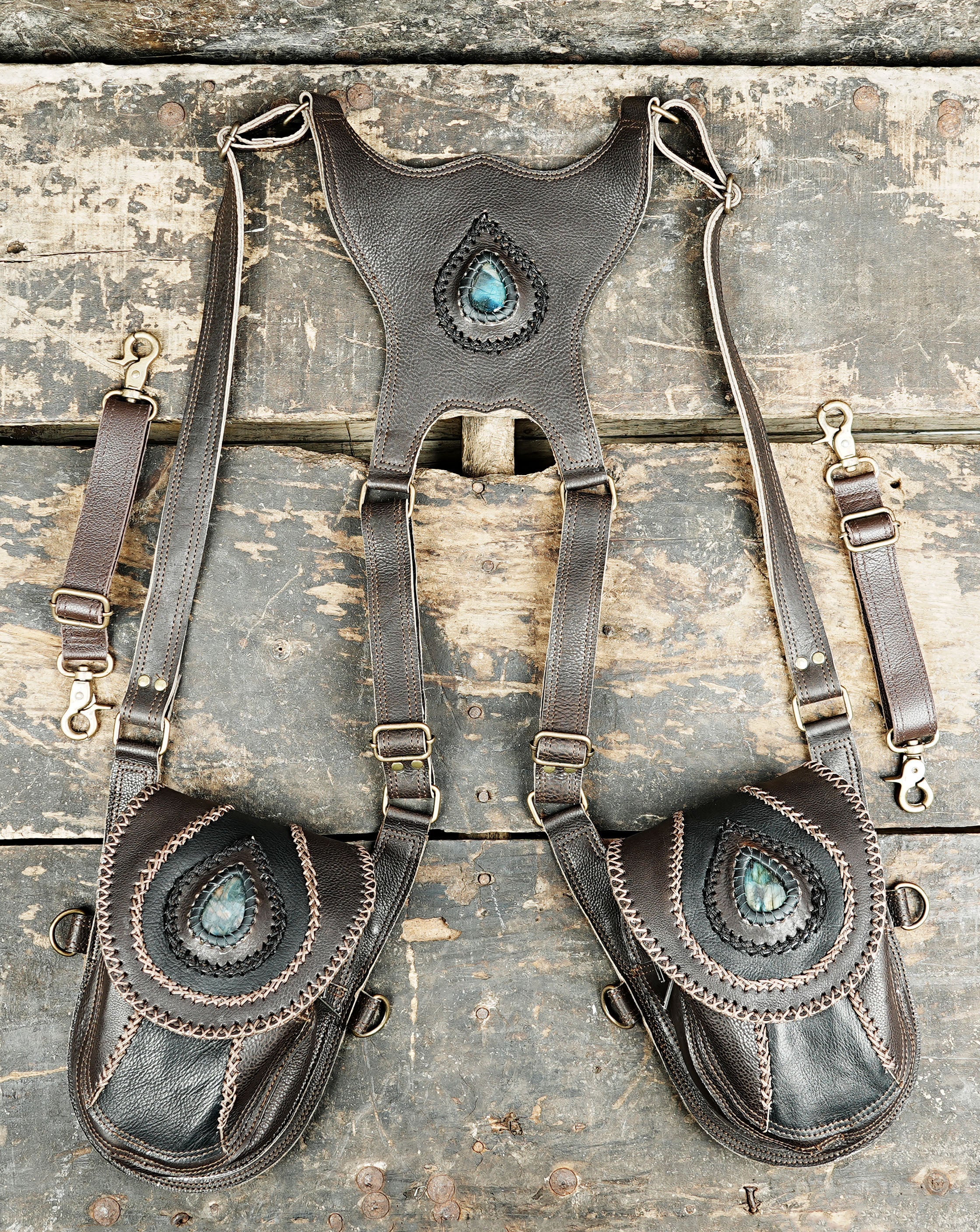Black and tan leather shoulder holster with dual zip pockets