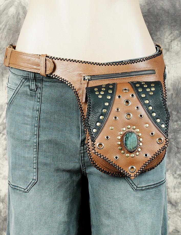 Leather Belt with Labradorite Gemstone and Brass Finish 50% Off worldwide free shipping