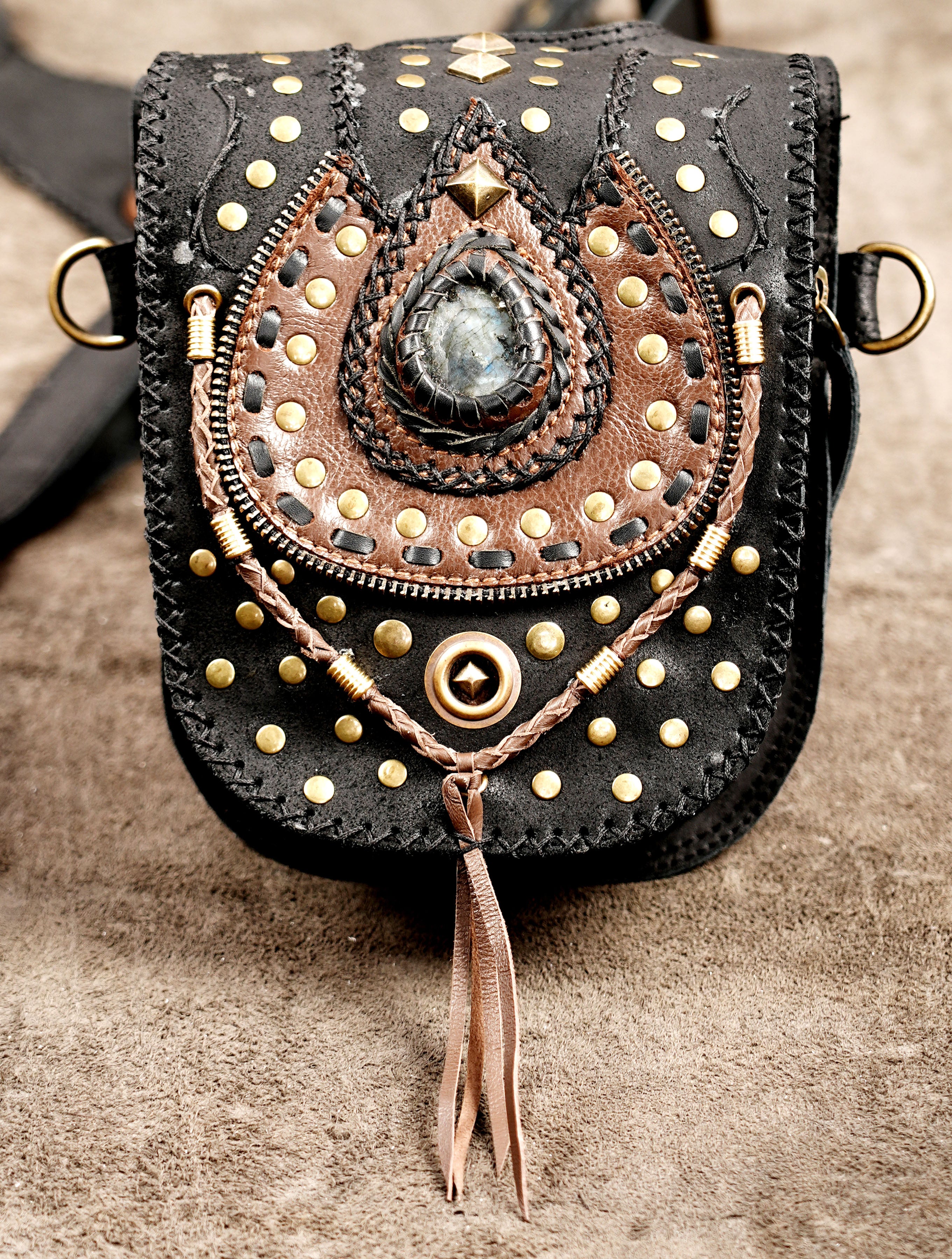 Leather Shoulder Bag with Studded Gemstone Design