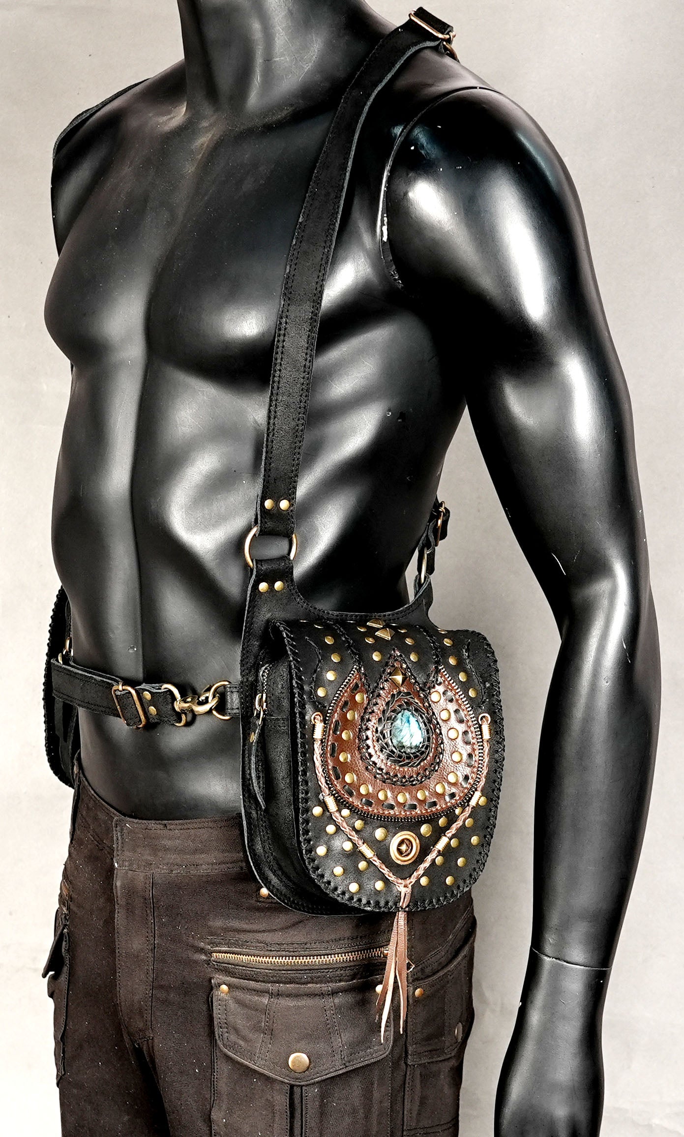 Black Leather Crossbody Harness Bag for Men and Women