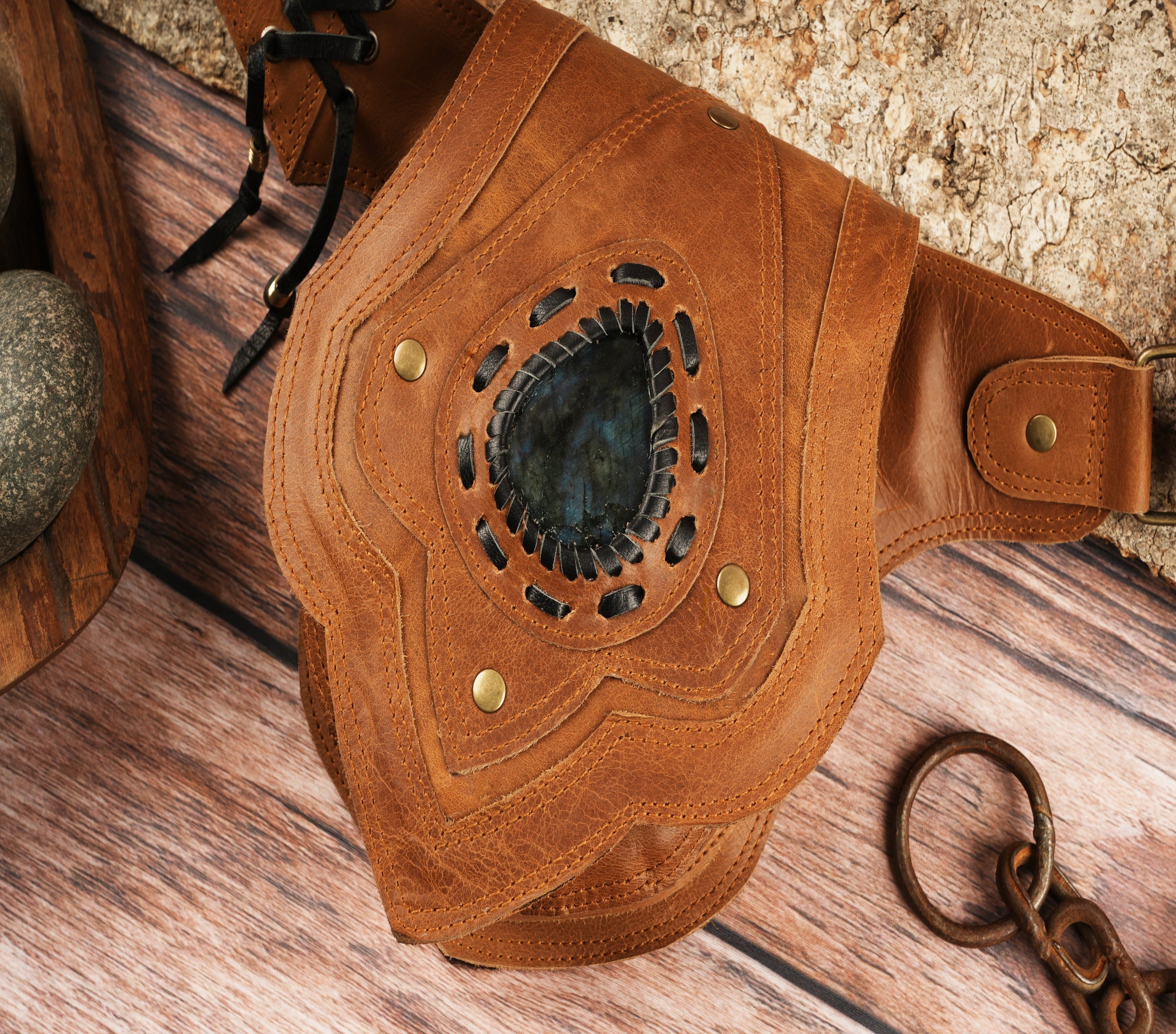 Hand made leather belt hip bag with real gems stone for woman n man