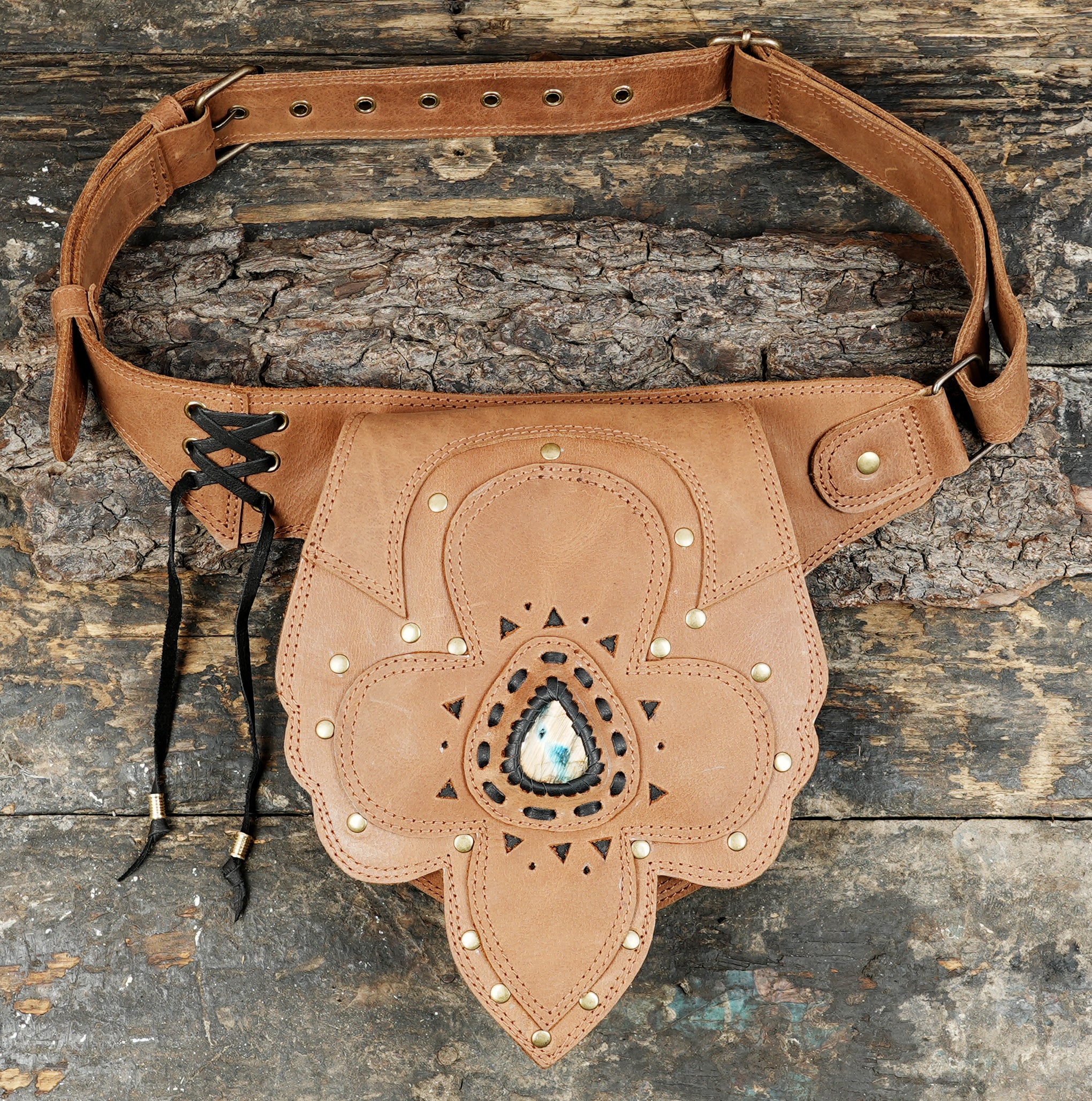 Leather Waist Belt with Antique Brass and Labradorite Gemstone 50% Off worldwide free shipping