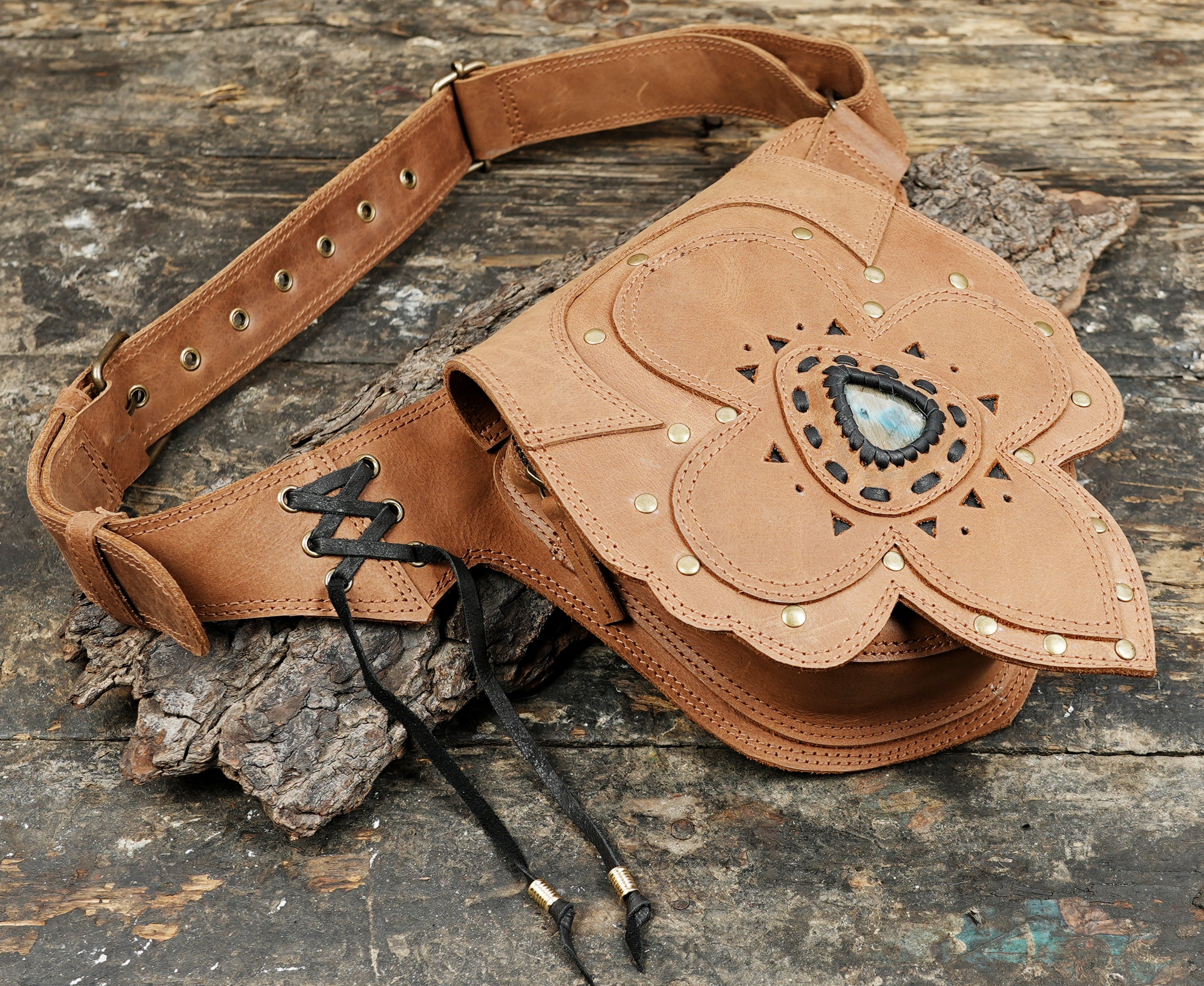 Leather Waist Belt with Antique Brass and Labradorite Gemstone 50% Off worldwide free shipping