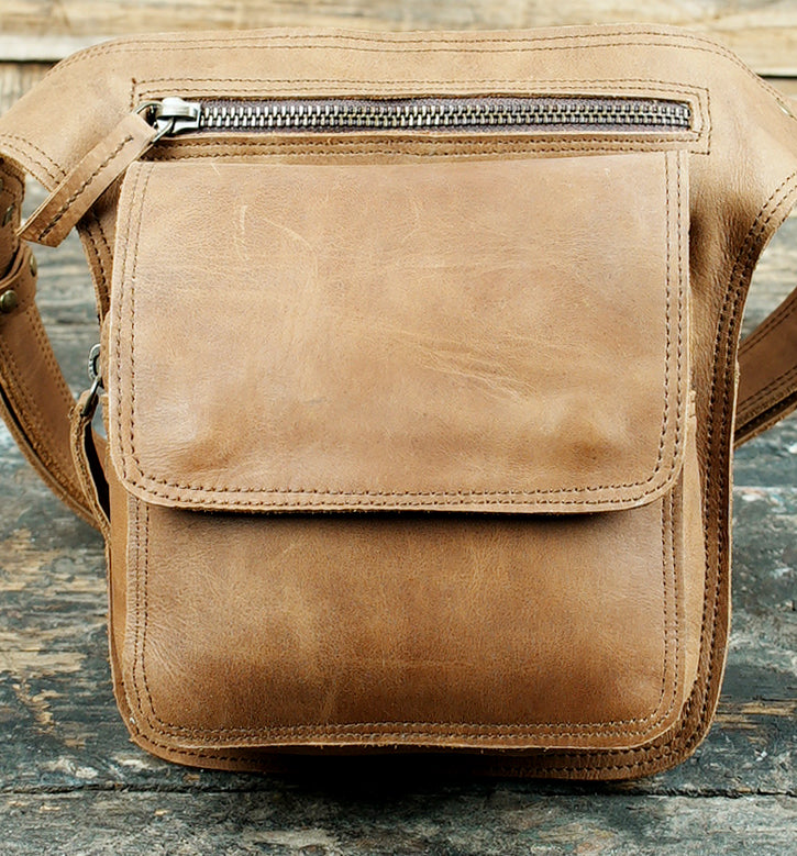 Leather Waist Belt with Antique Brass Studs and Flat Pockets