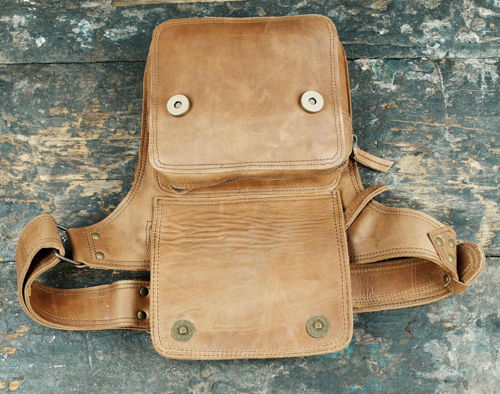 Leather Waist Belt with Antique Brass Studs and Flat Pockets