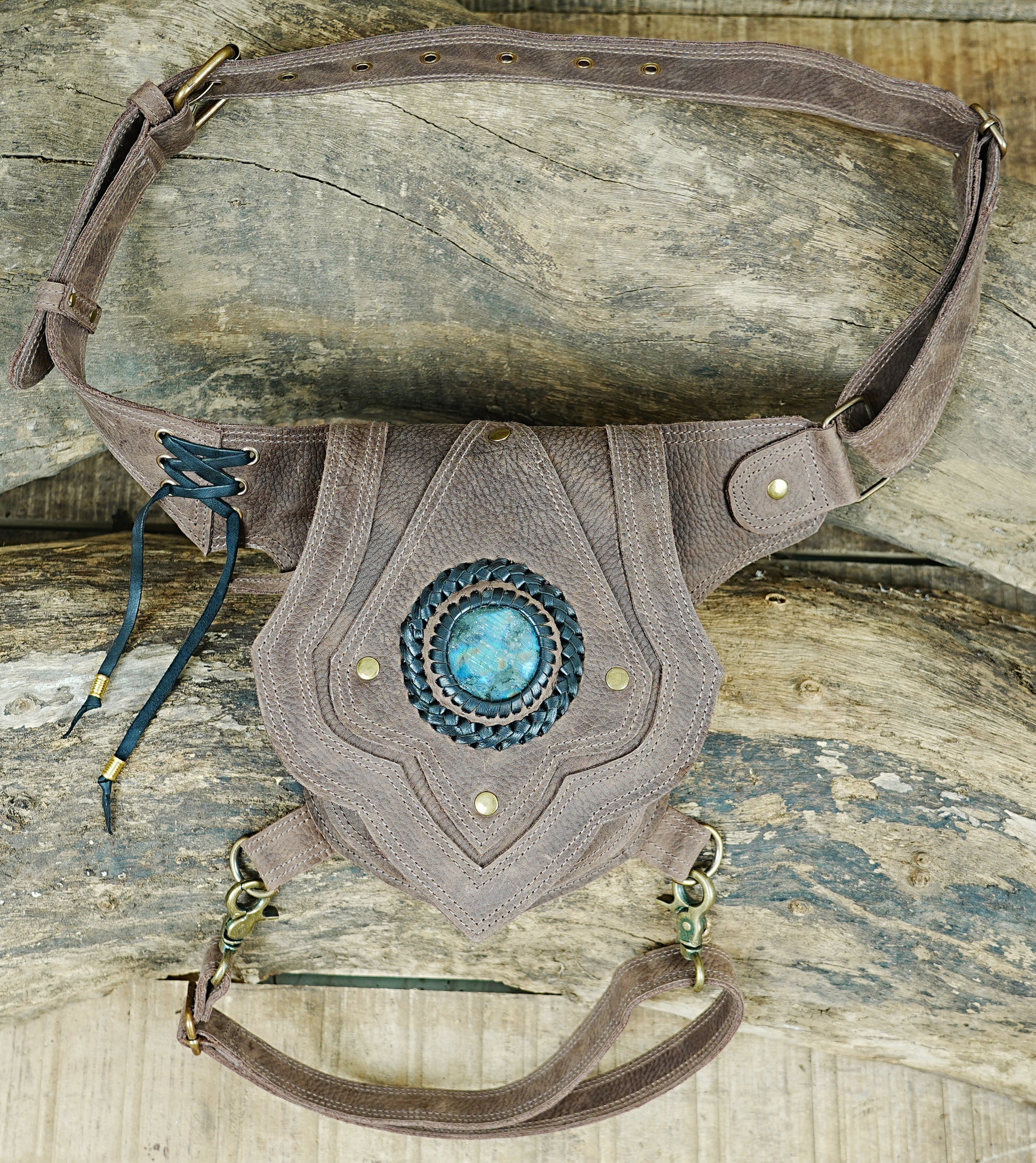 Leather thigh pouch belt with adjustable waist and leg straps