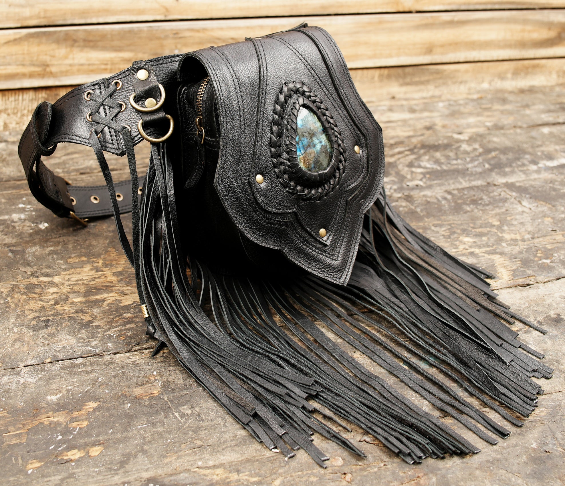 Leather Waist Frilled Belt with Unique Labradorite Centerpiece 50% Off worldwide free shipping