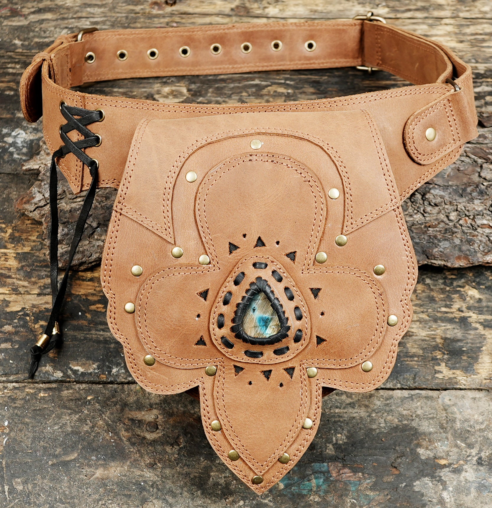 Leather Waist Belt with Antique Brass and Labradorite Gemstone 50% Off worldwide free shipping