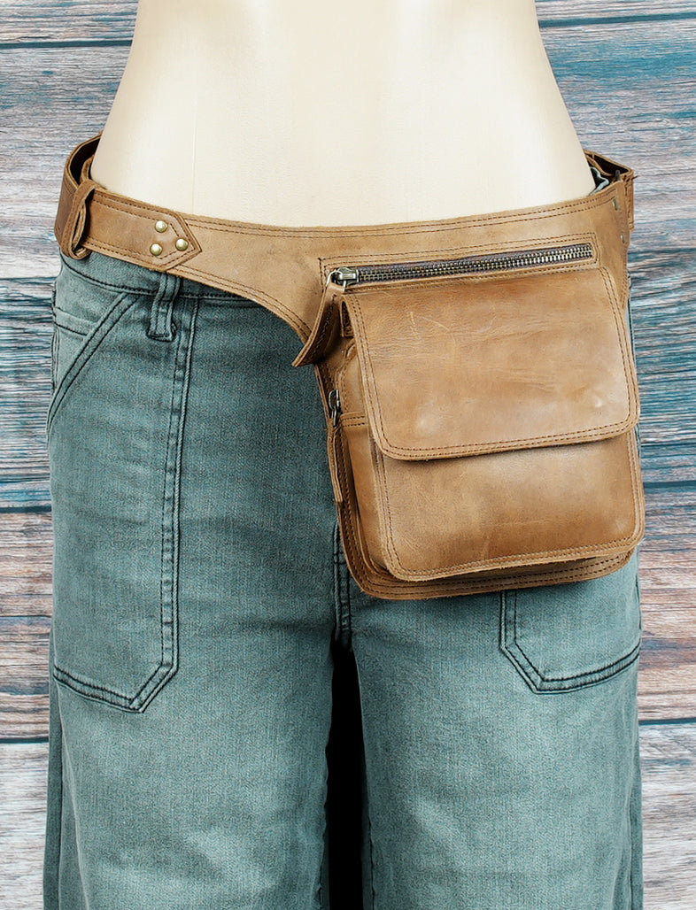 Leather Waist Belt with Antique Brass Studs and Flat Pockets