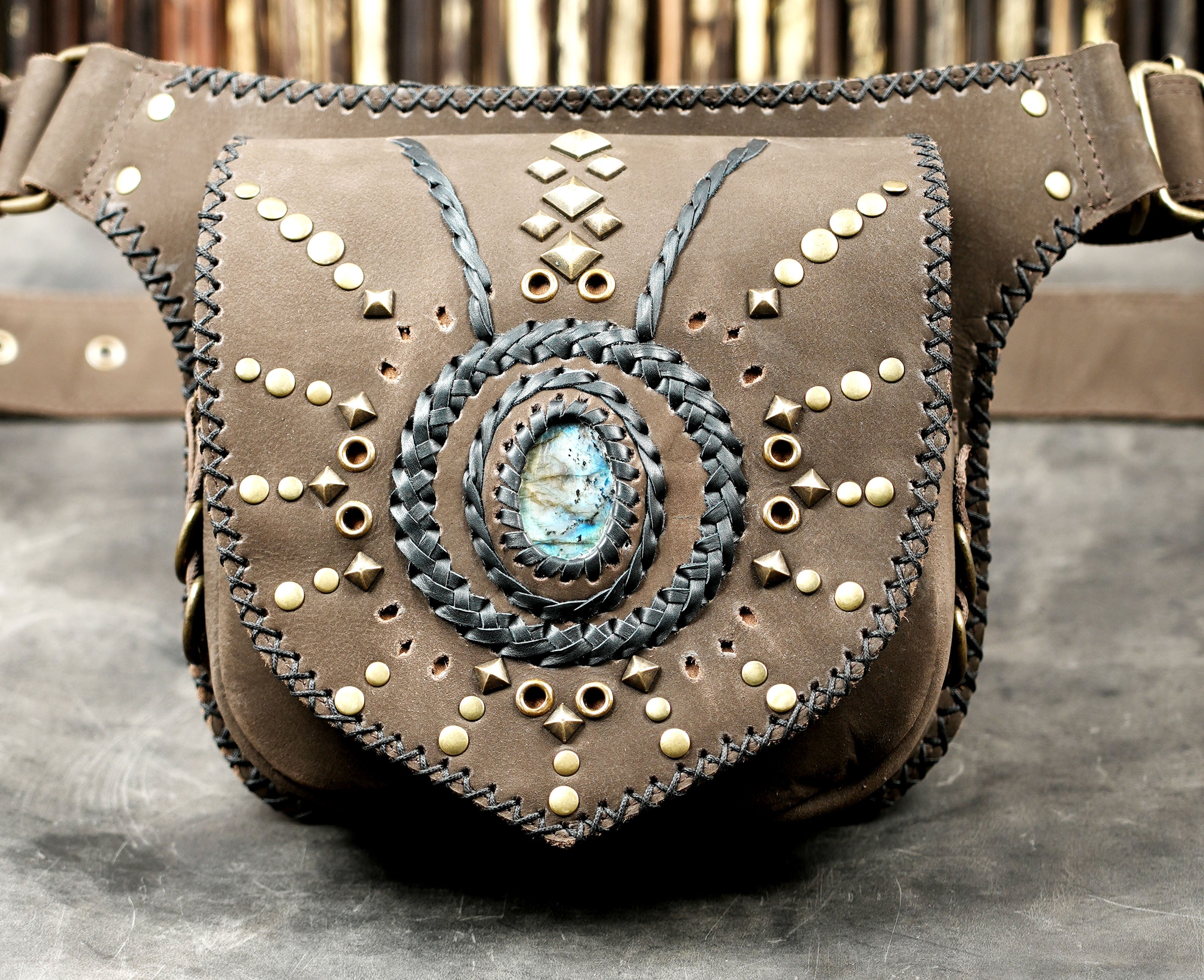 Studded leather belt bag with natural labradorite accent