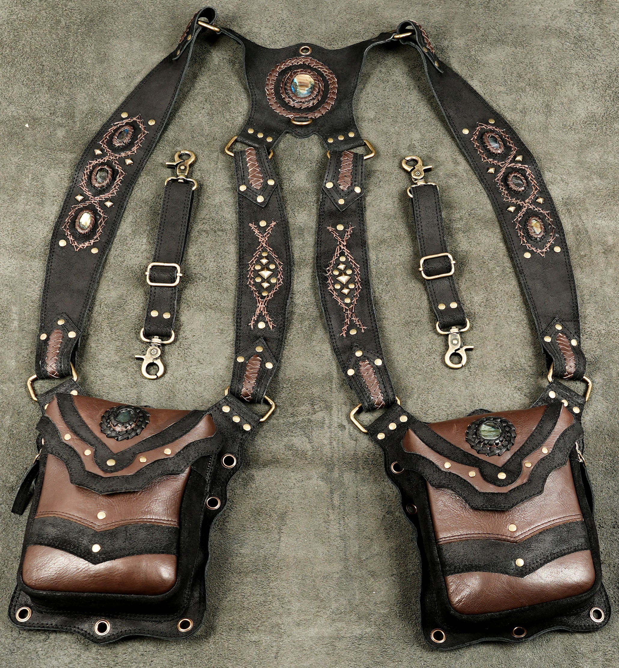 Leather Double Pouch Shoulder Harness with Gemstones