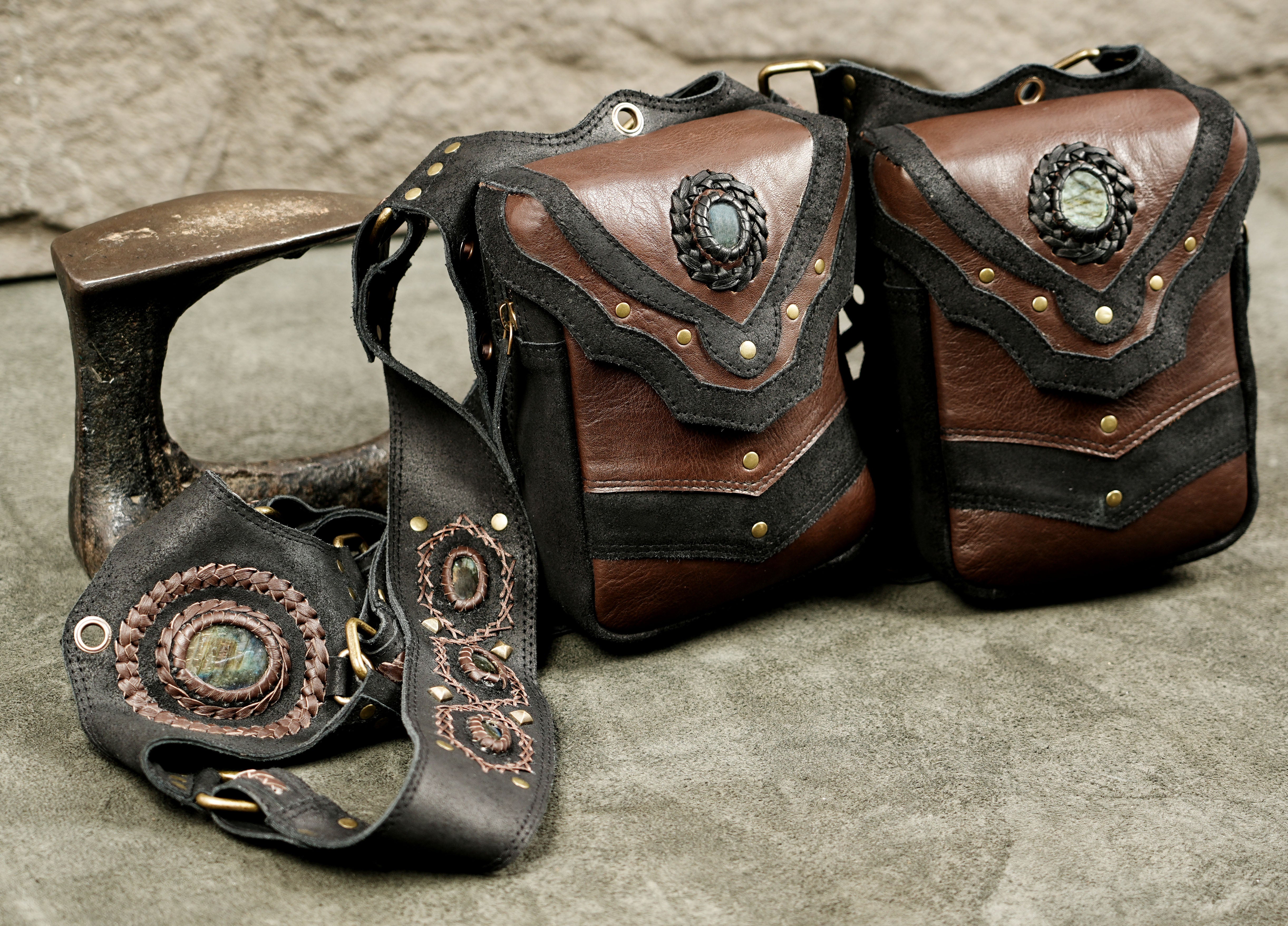 Handmade Leather Crossbody Bag with Stonework