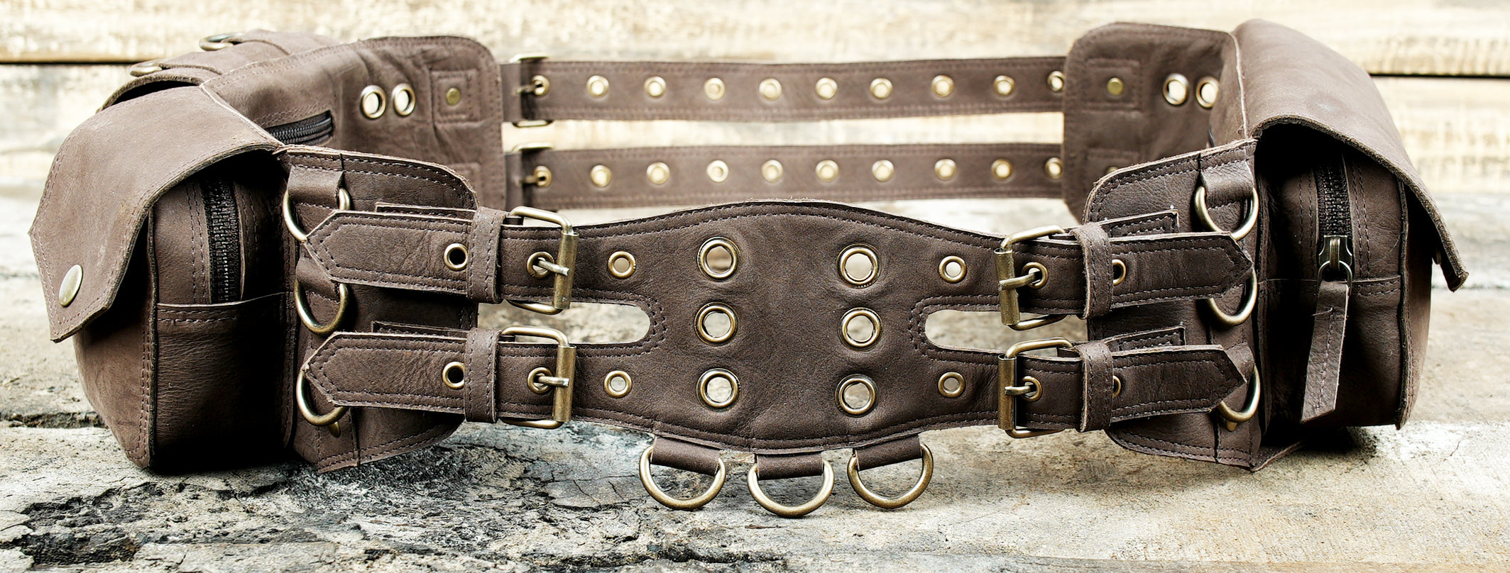 Leather Waist Belt with Multiple Pockets, Antique Brass Studs, and Rings 50% Off worldwide free shipping