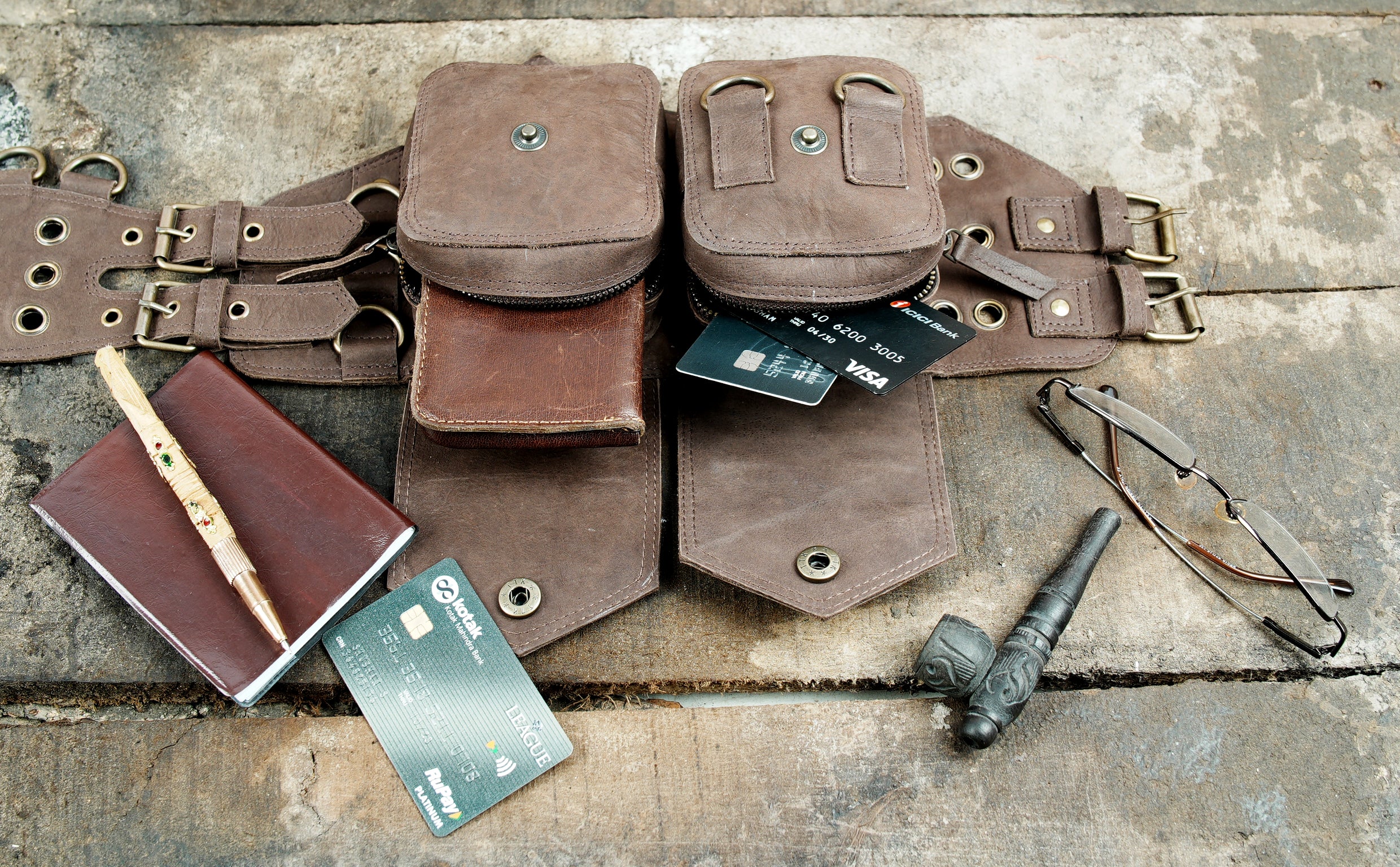 Leather Waist Belt with Multiple Pockets, Antique Brass Studs, and Rings 50% Off worldwide free shipping