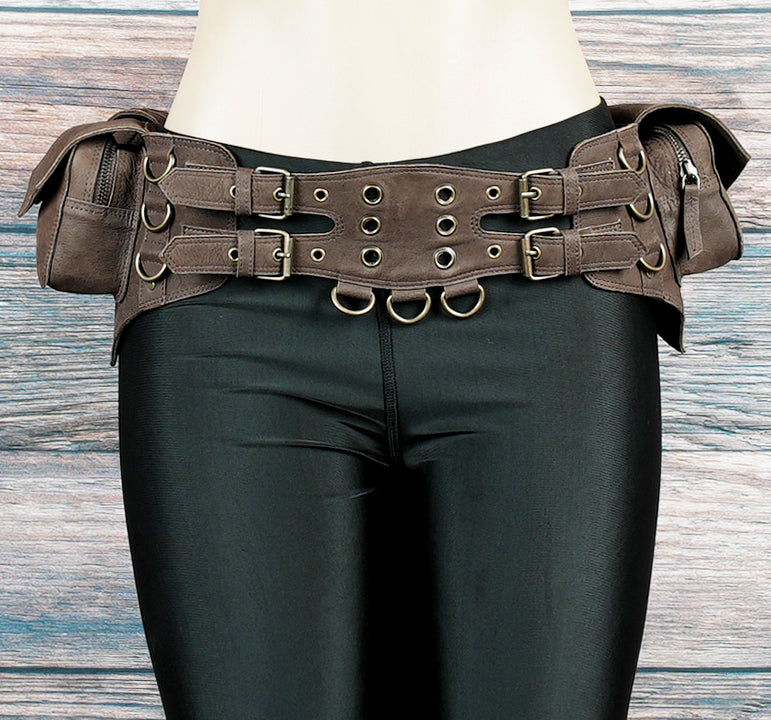 Leather Waist Belt with Multiple Pockets, Antique Brass Studs, and Rings 50% Off worldwide free shipping