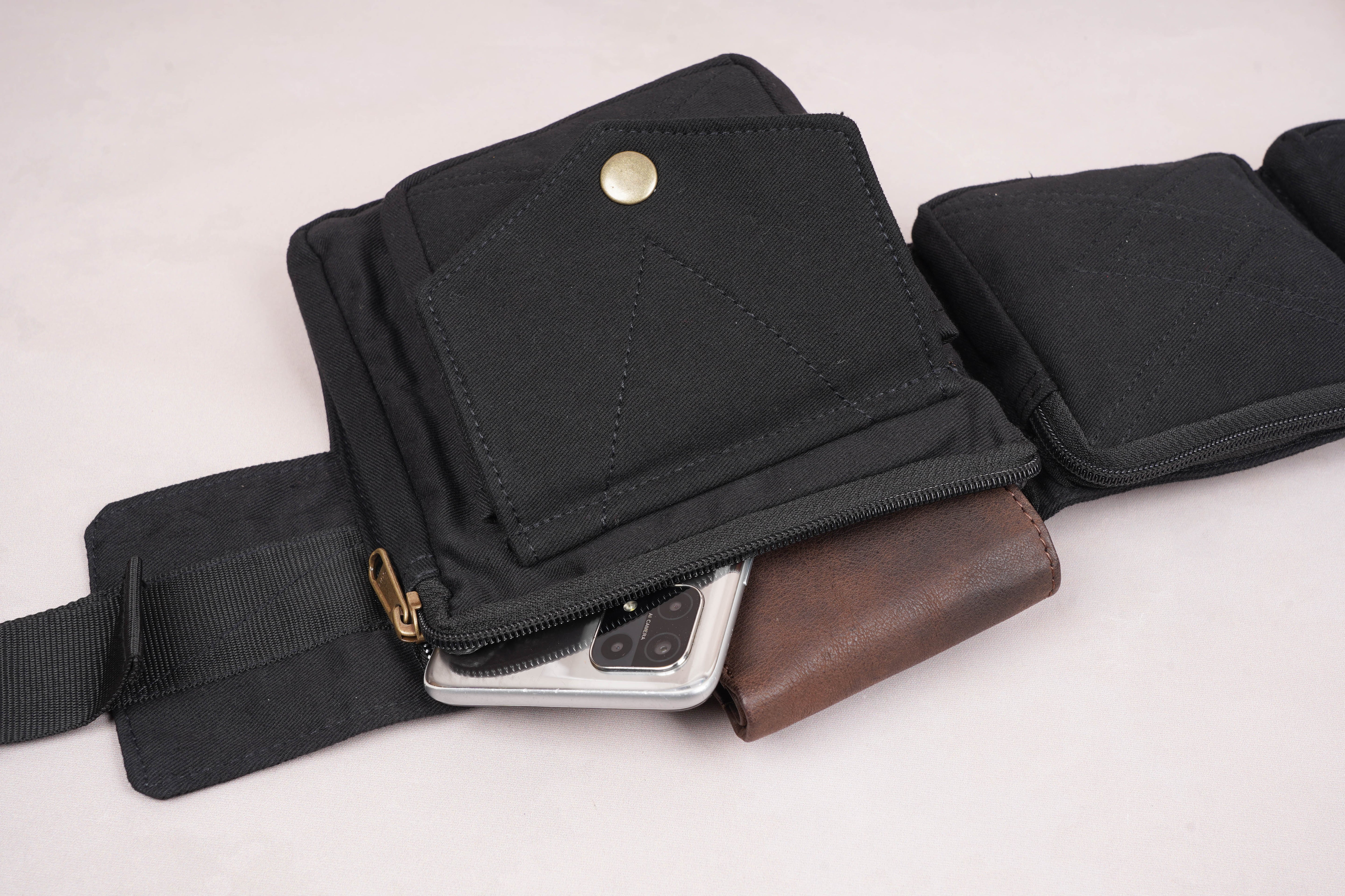 Black Cotton Waist Bag || Simple Look Style || For Women N Men For Traveling || Handmade || Multi Pockets || One Belt Pouch Free