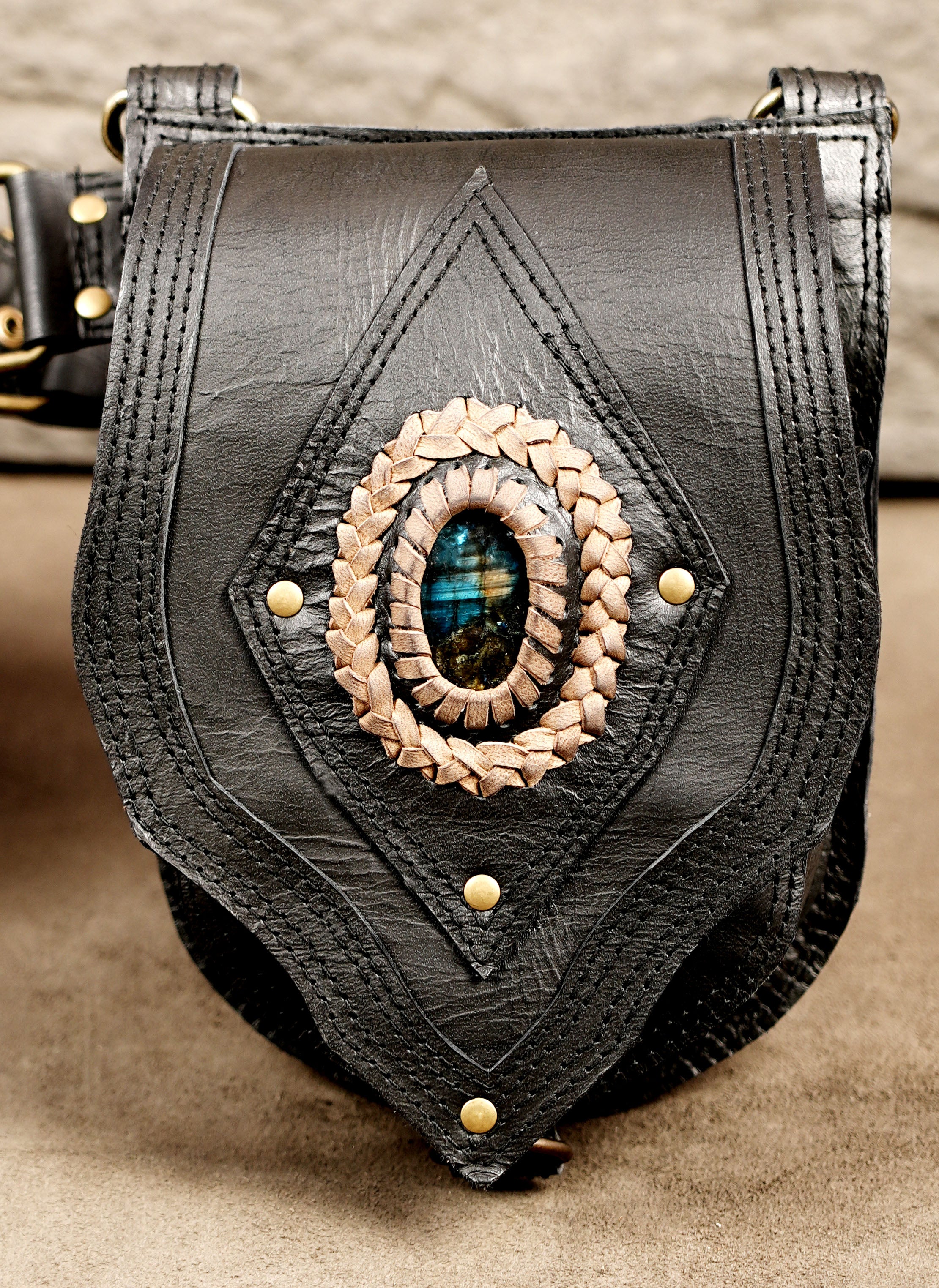 Leather Double Hip Pouch Belt with Braided Stone Accents