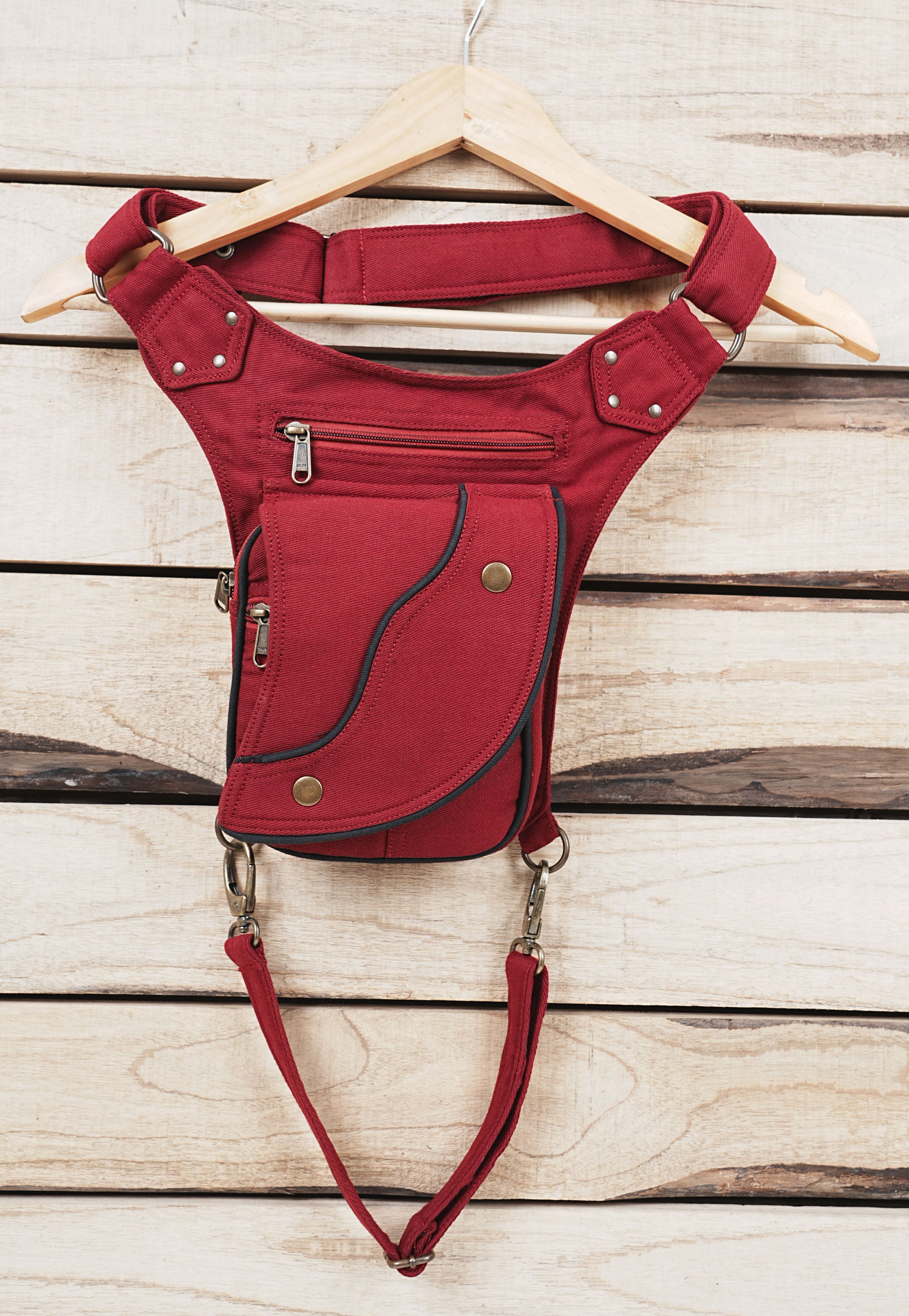 RED COTTON HIP BELT BAG || VEGAN HIP BAG || FESTIVAL BELT WITH POCKETS ||