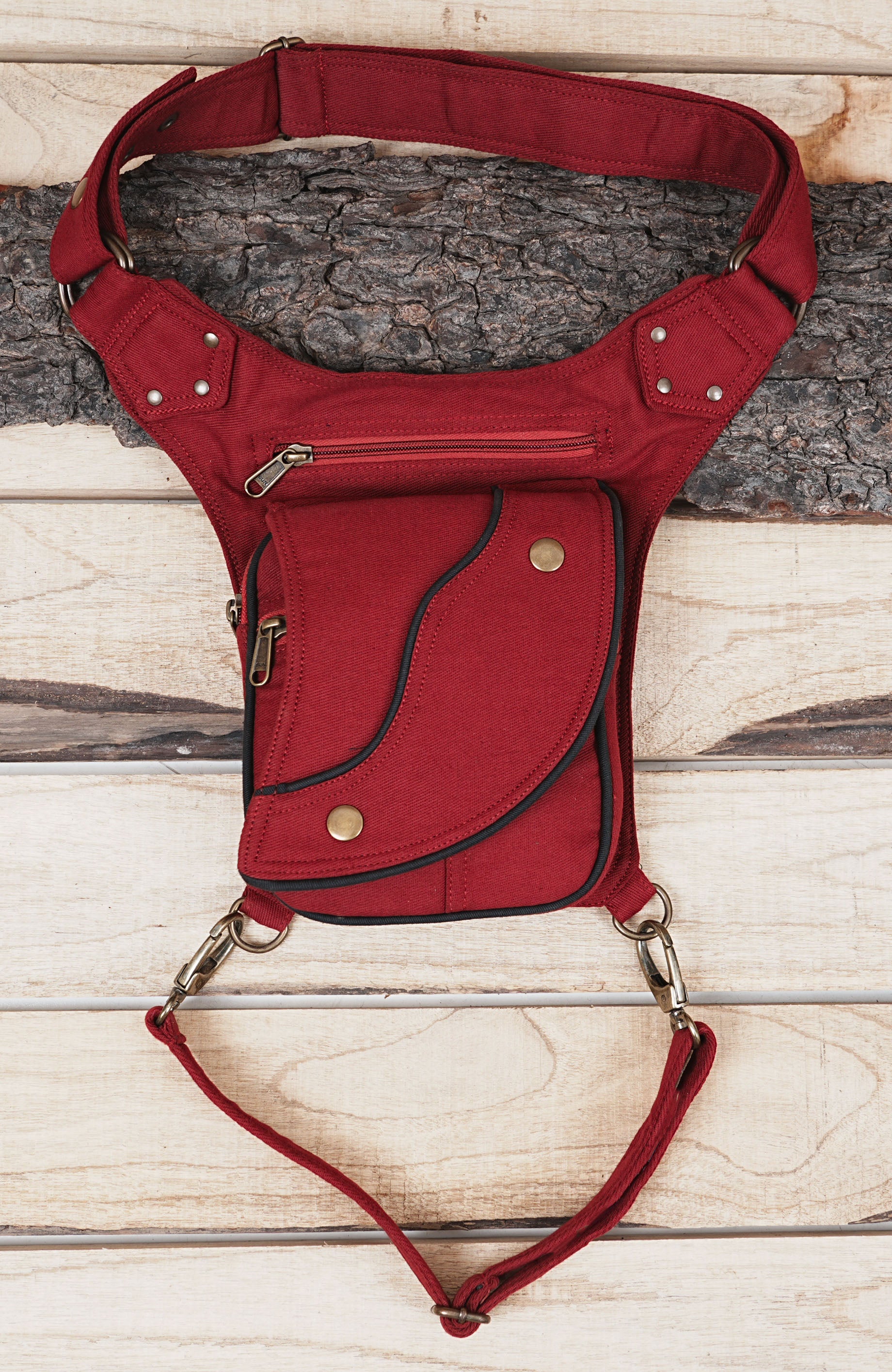 RED COTTON HIP BELT BAG || VEGAN HIP BAG || FESTIVAL BELT WITH POCKETS ||