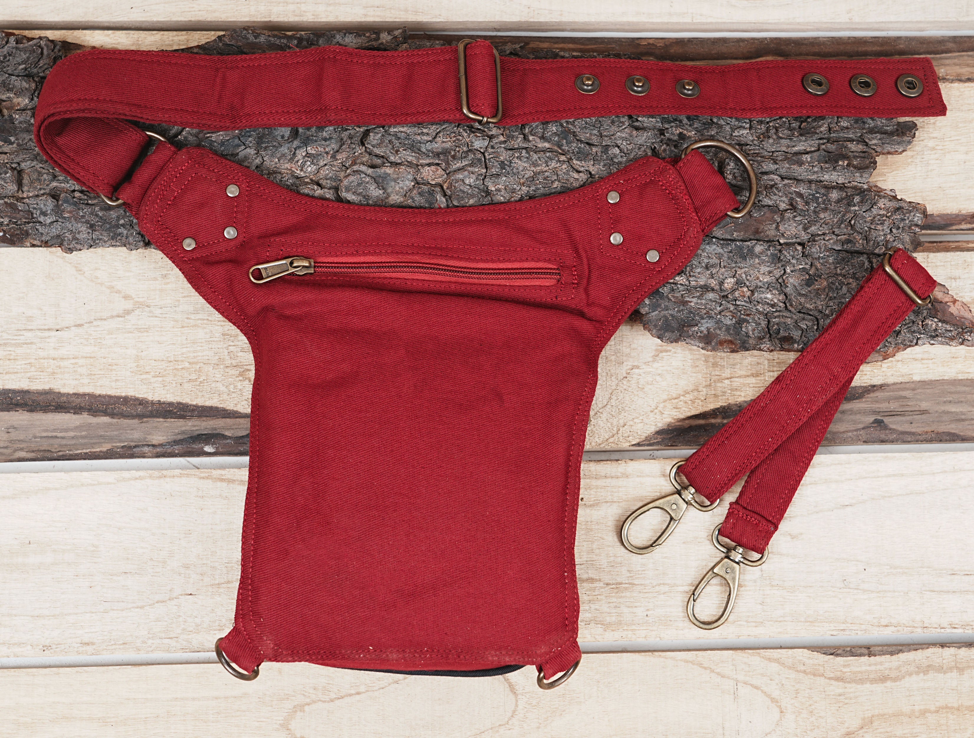 RED COTTON HIP BELT BAG || VEGAN HIP BAG || FESTIVAL BELT WITH POCKETS ||