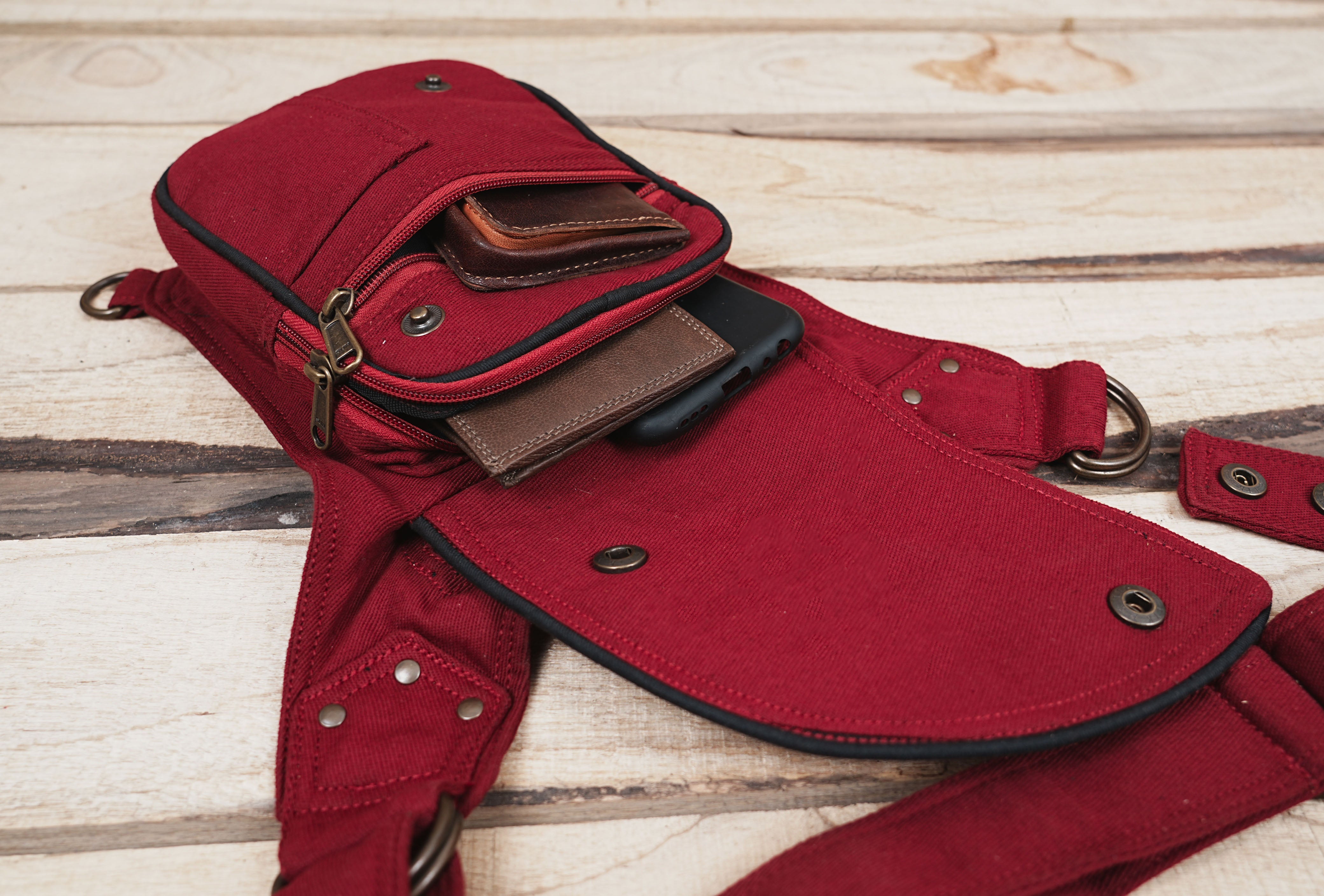 RED COTTON HIP BELT BAG || VEGAN HIP BAG || FESTIVAL BELT WITH POCKETS ||