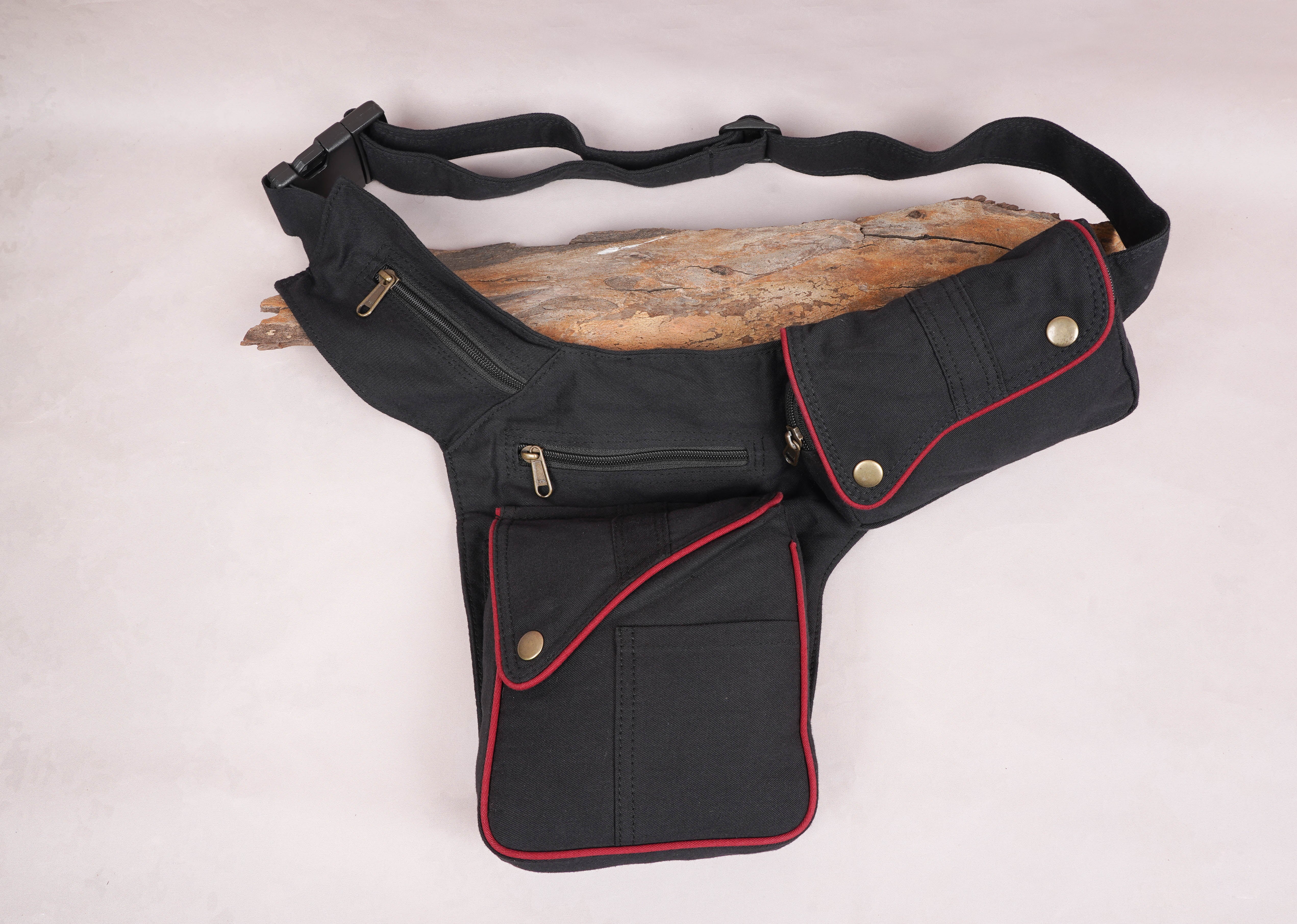 Black or Red edges cotton Hip bag || for men & women || Multi Pockets Belt || Money belt pouch || travelling bag