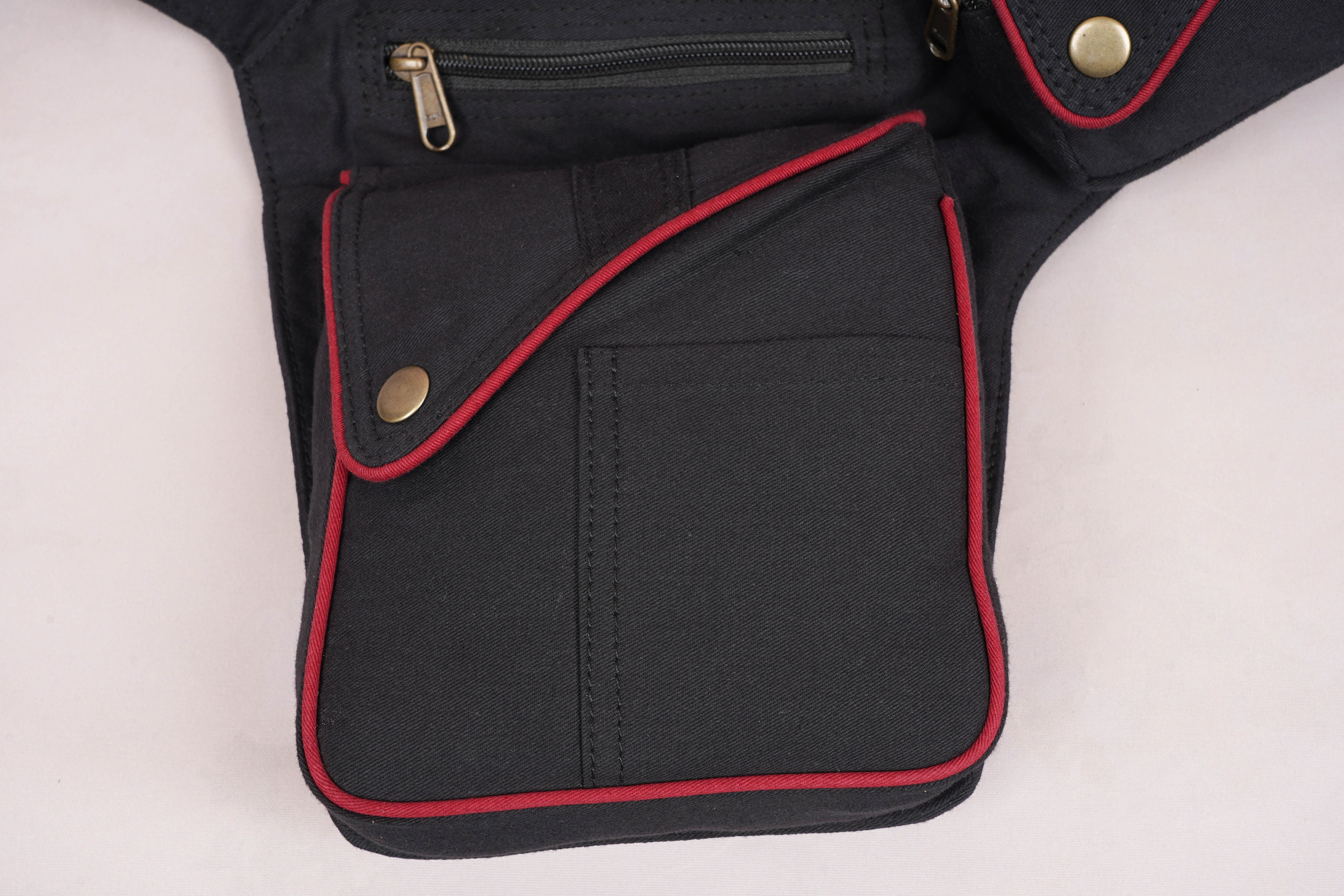 Black or Red edges cotton Hip bag || for men & women || Multi Pockets Belt || Money belt pouch || travelling bag