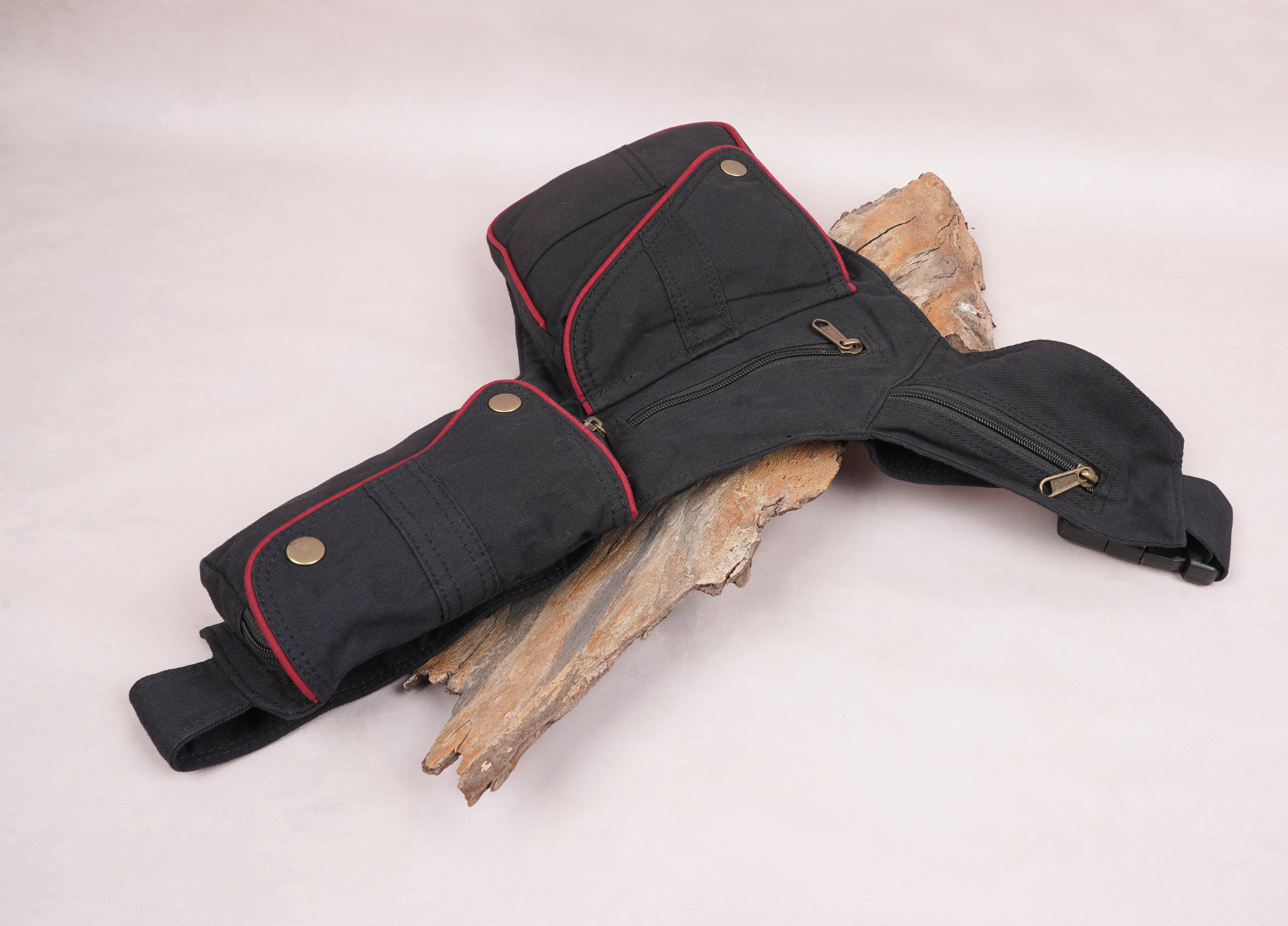 Black or Red edges cotton Hip bag || for men & women || Multi Pockets Belt || Money belt pouch || travelling bag