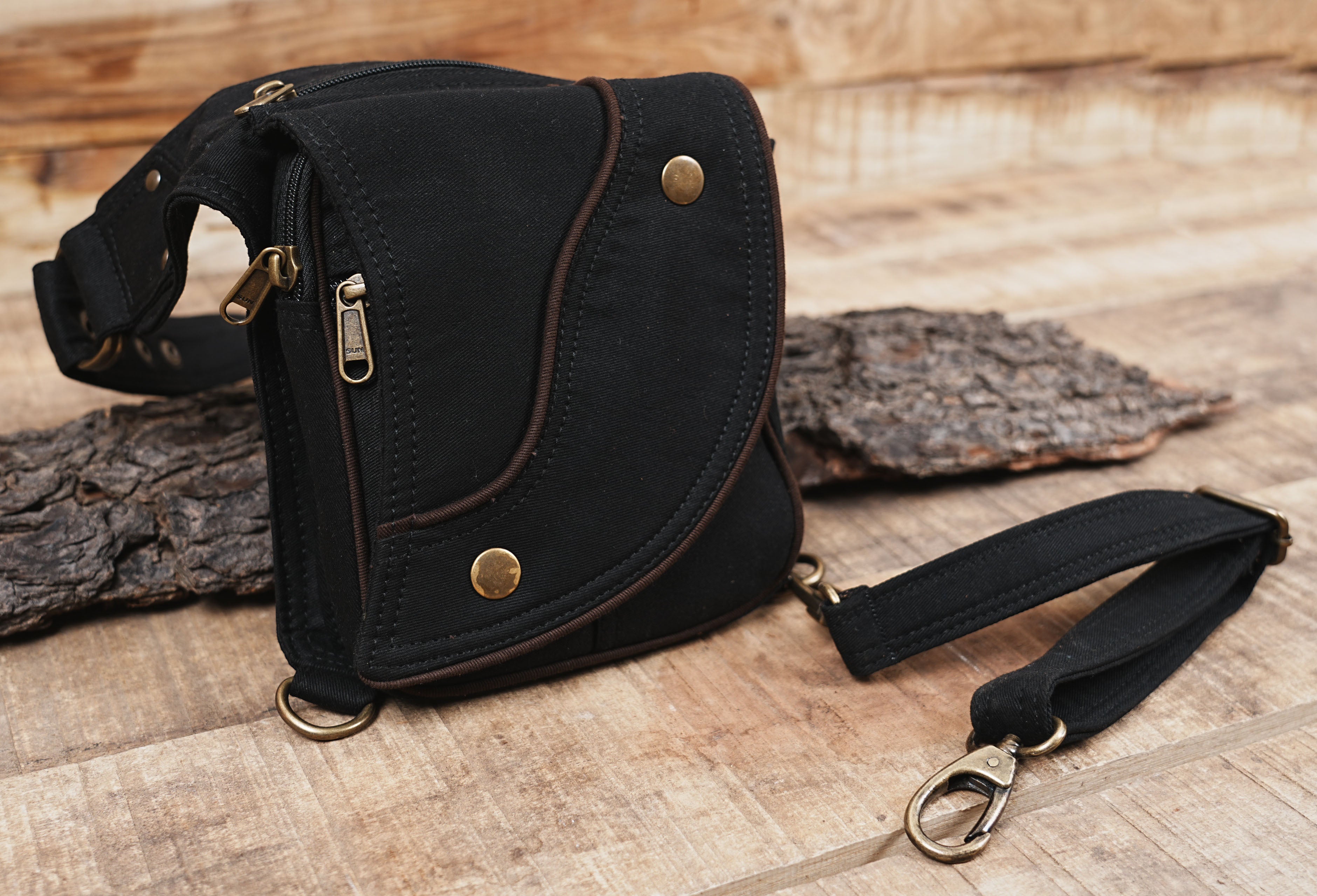 BLACK COTTON HIP BELT BAG || VEGAN HIP BAG || FESTIVAL BELT WITH POCKETS ||