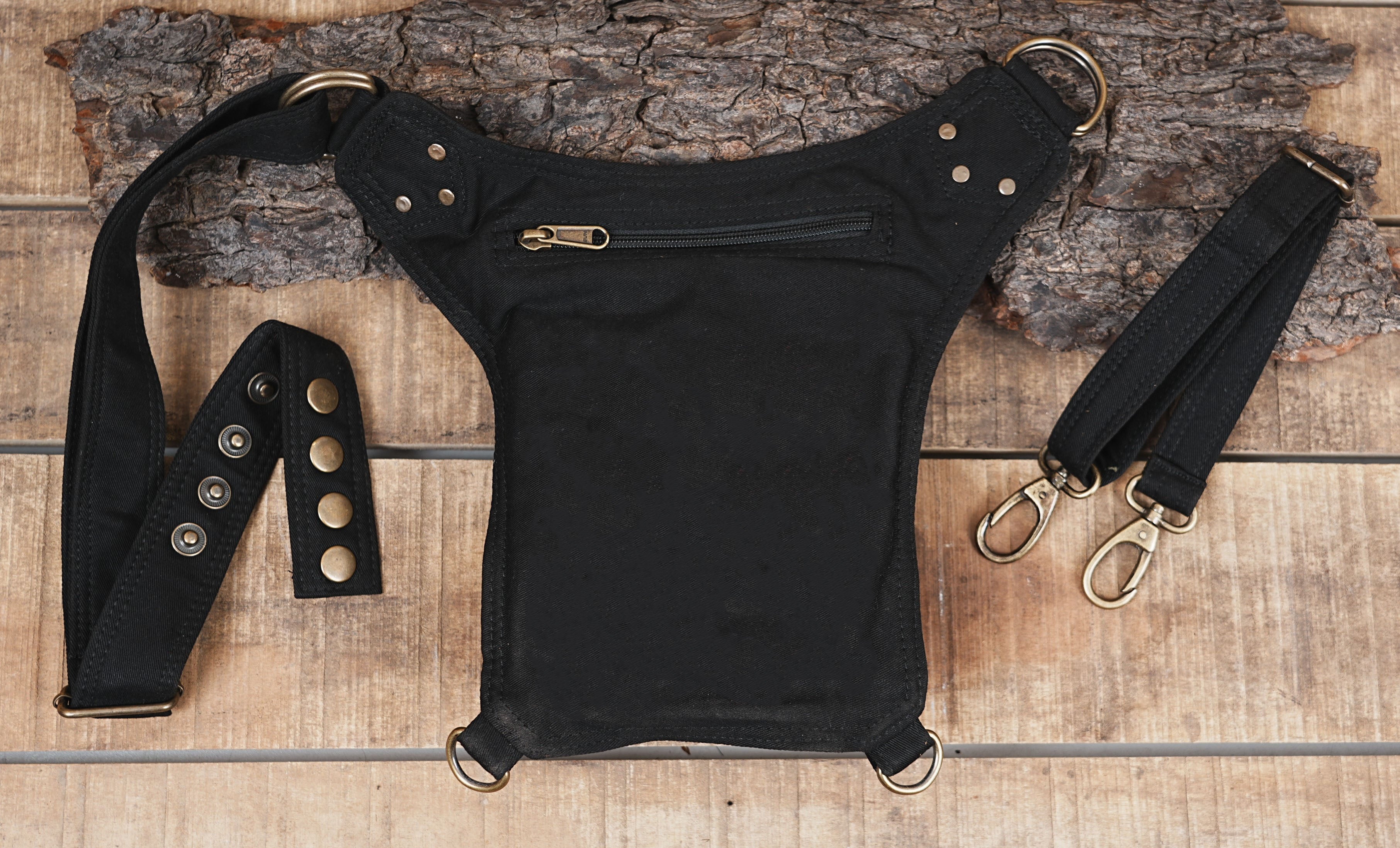 BLACK COTTON HIP BELT BAG || VEGAN HIP BAG || FESTIVAL BELT WITH POCKETS ||