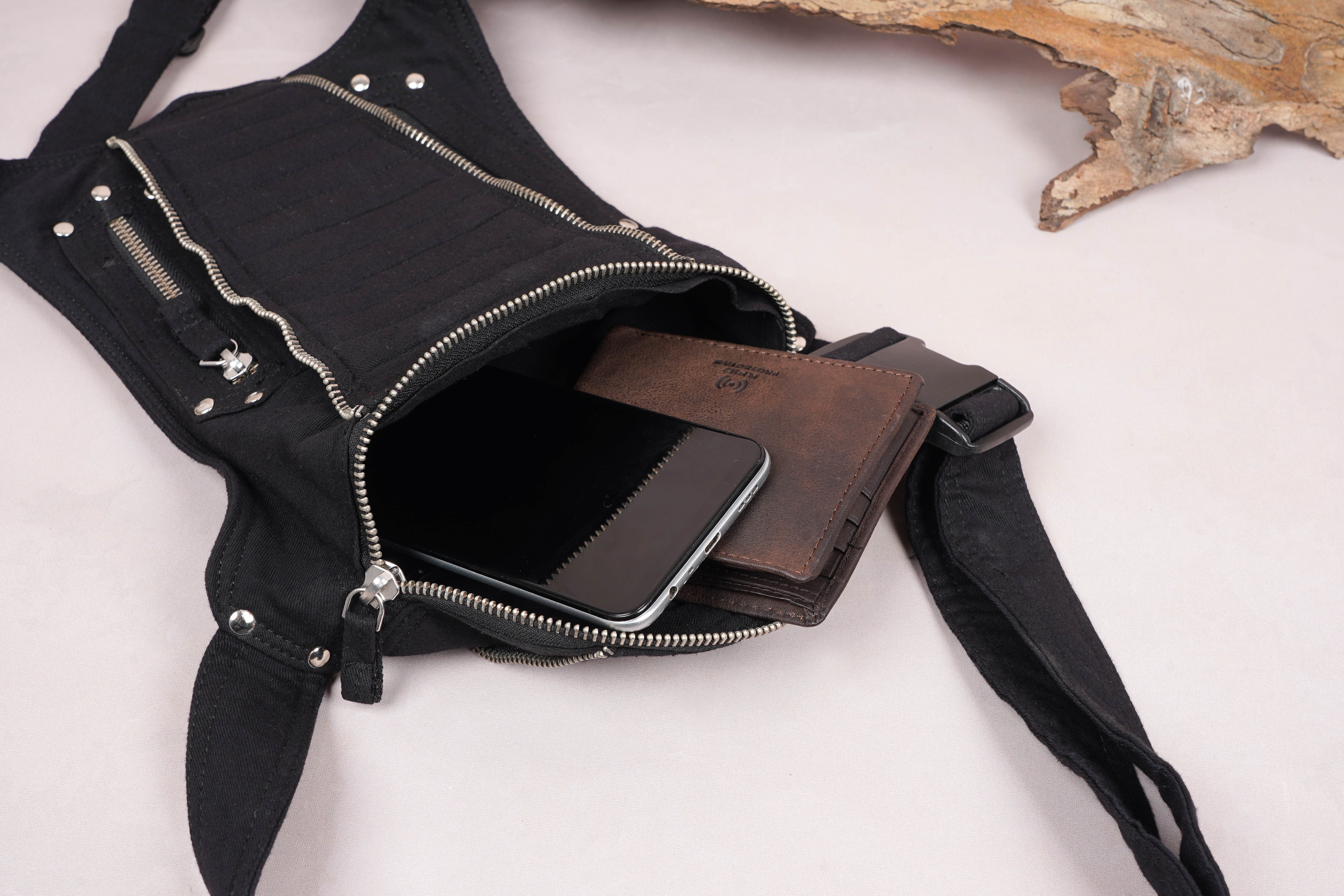 BLACK Cotton Waist Belt Bag |  For Women & Men For Travelling |