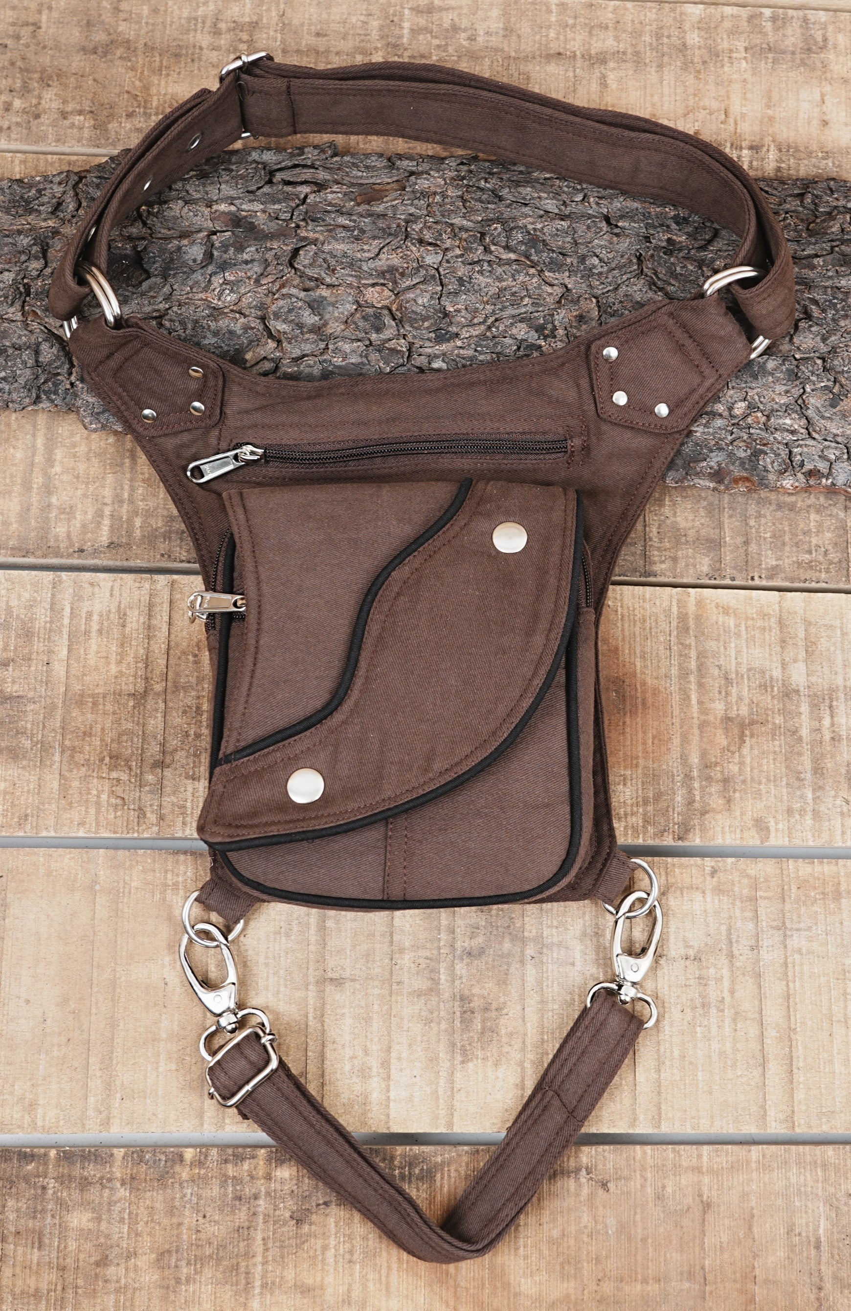 BROWN Cotton Hip Belt Bag || Vegan Hip Bag || Festival Belt with Pockets ||