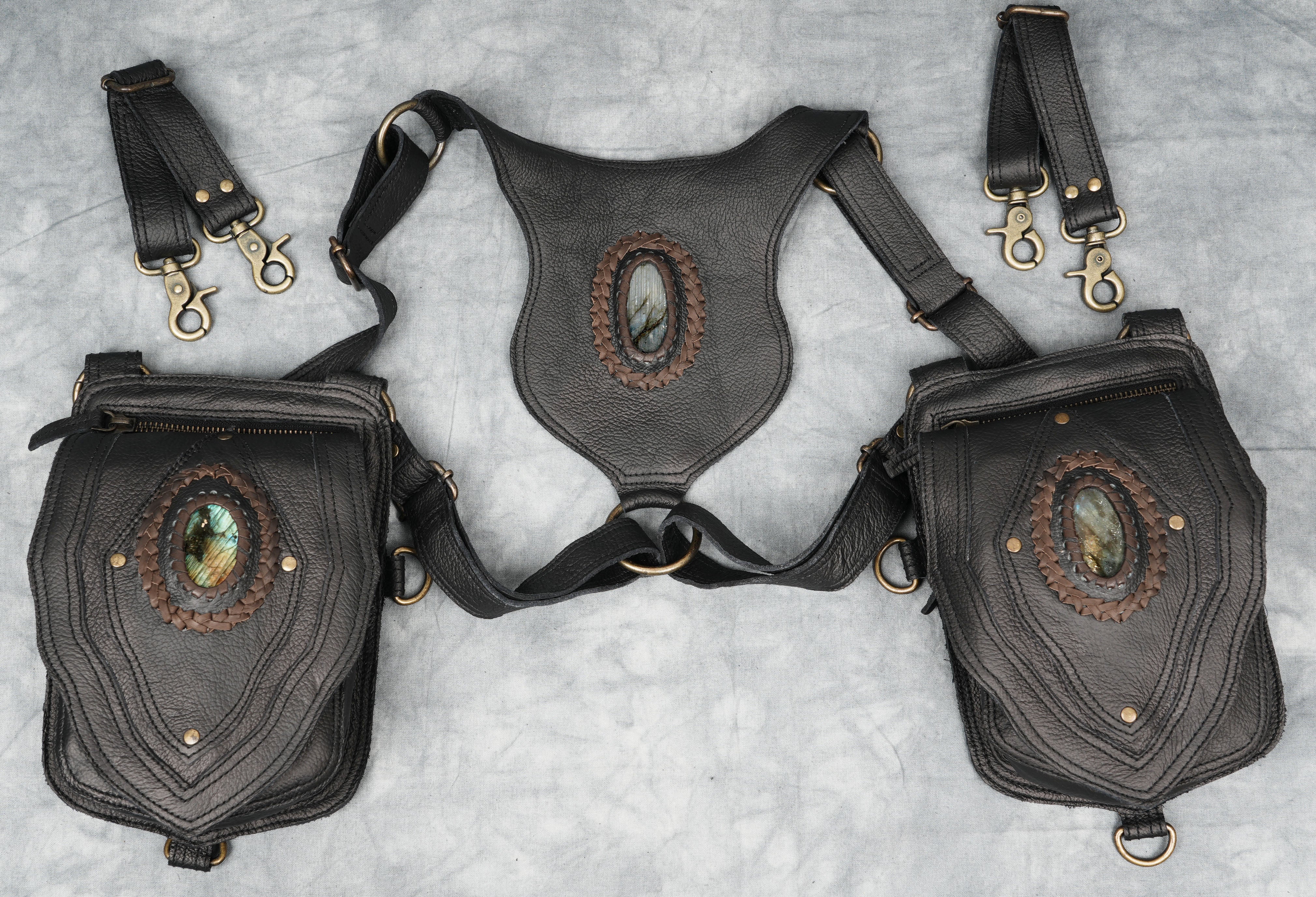 REAL LEATHER Labradorite OVAL GEMSTONE Shoulder Holster Bag, Leather Handmade, Leather Shoulder Bag