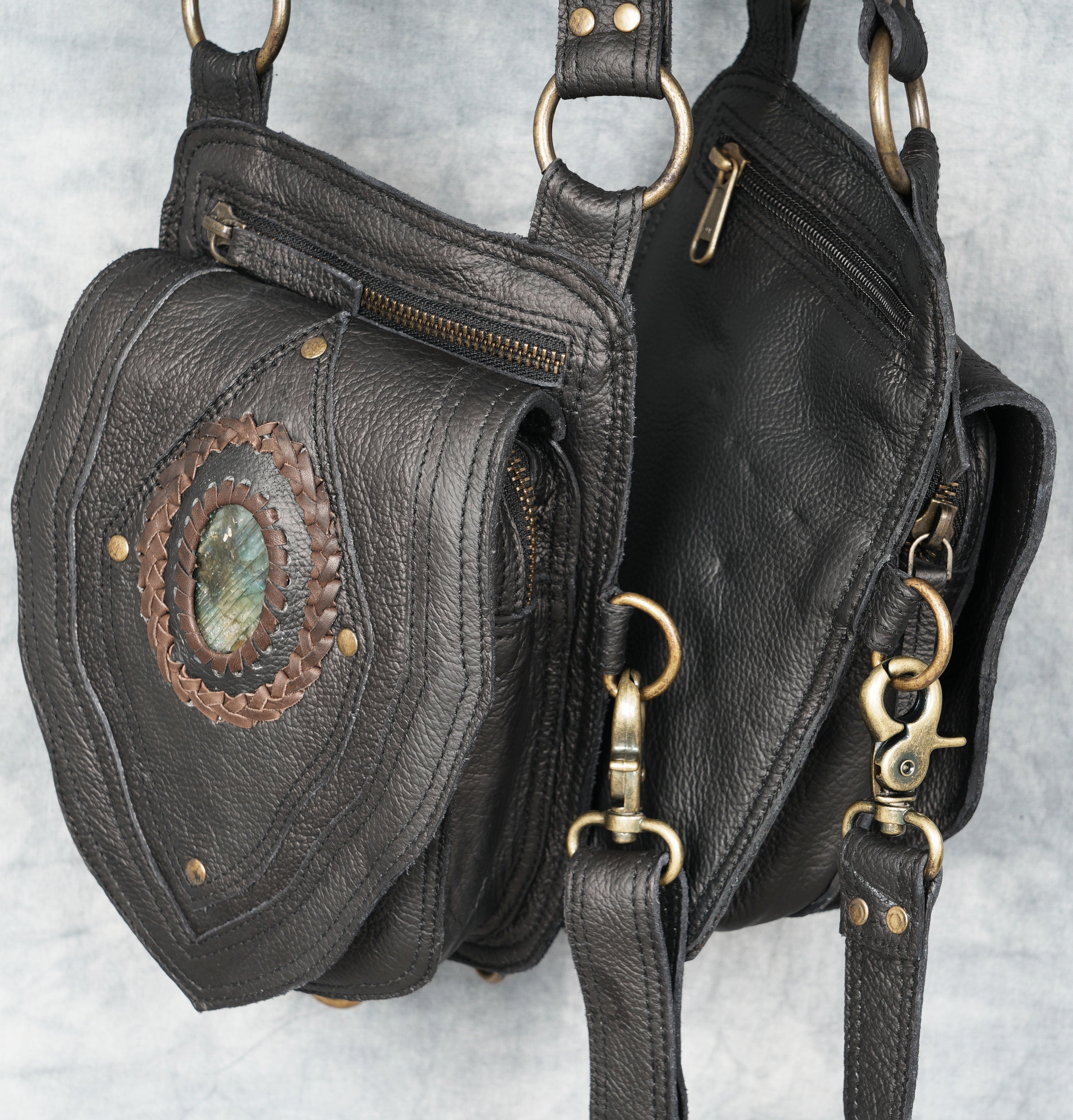 REAL LEATHER Labradorite OVAL GEMSTONE Shoulder Holster Bag, Leather Handmade, Leather Shoulder Bag