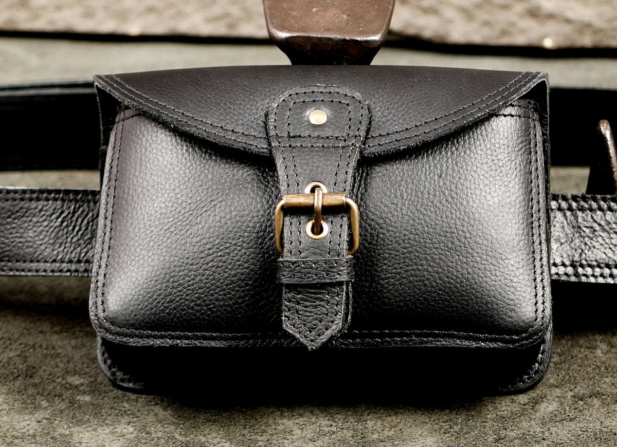 Compact black leather travel belt bag for phone, cards and cash