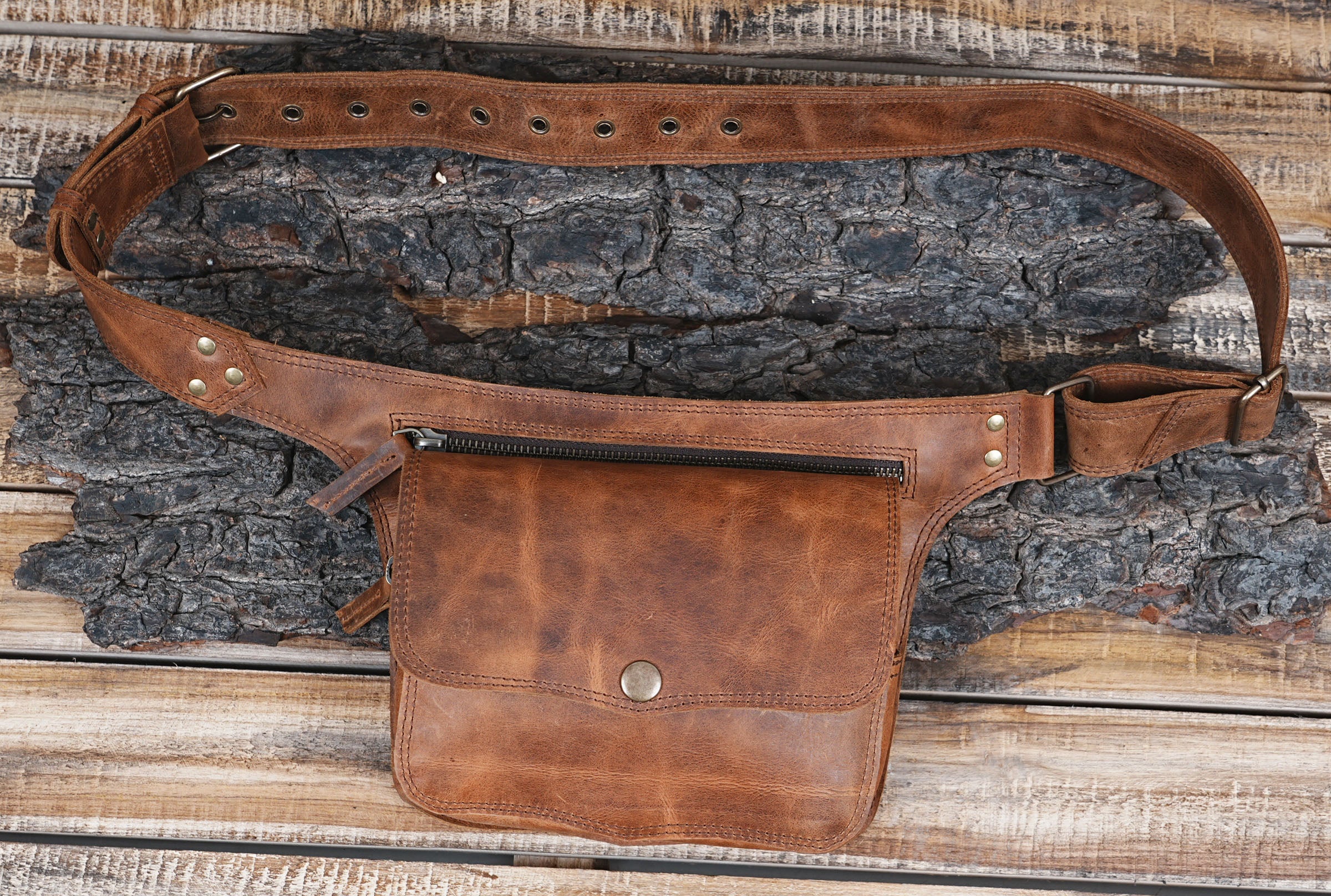 Leather waist belt bag with small utility pouch for daily essentials