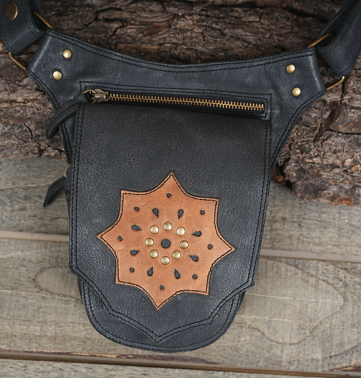 Real leather travel hip bag with brass hardware and secure zip pocket