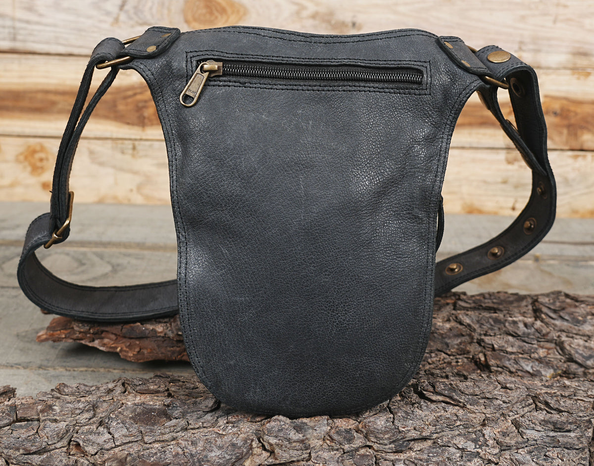 Biker style black leather waist holster bag with brass rivets