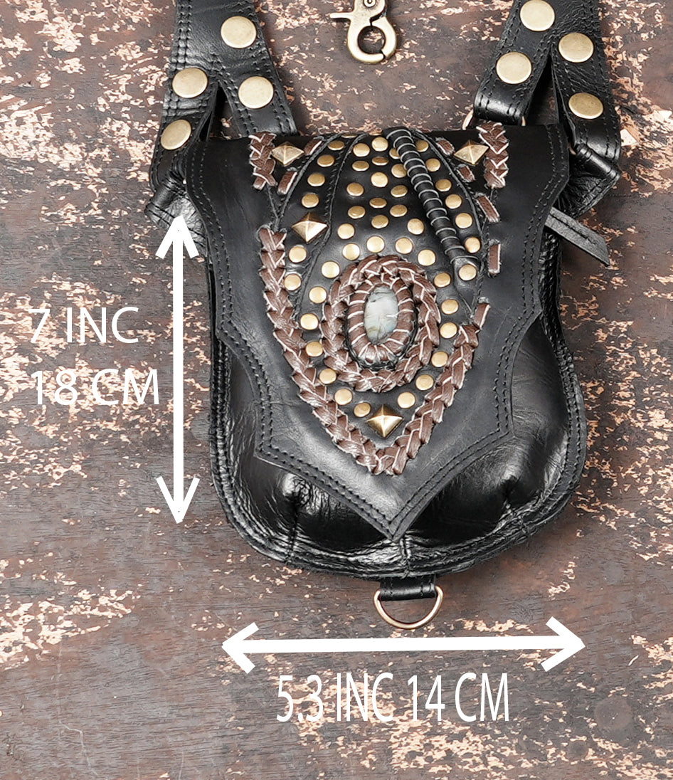 Artisan leather chest harness with decorative rivets and hardware