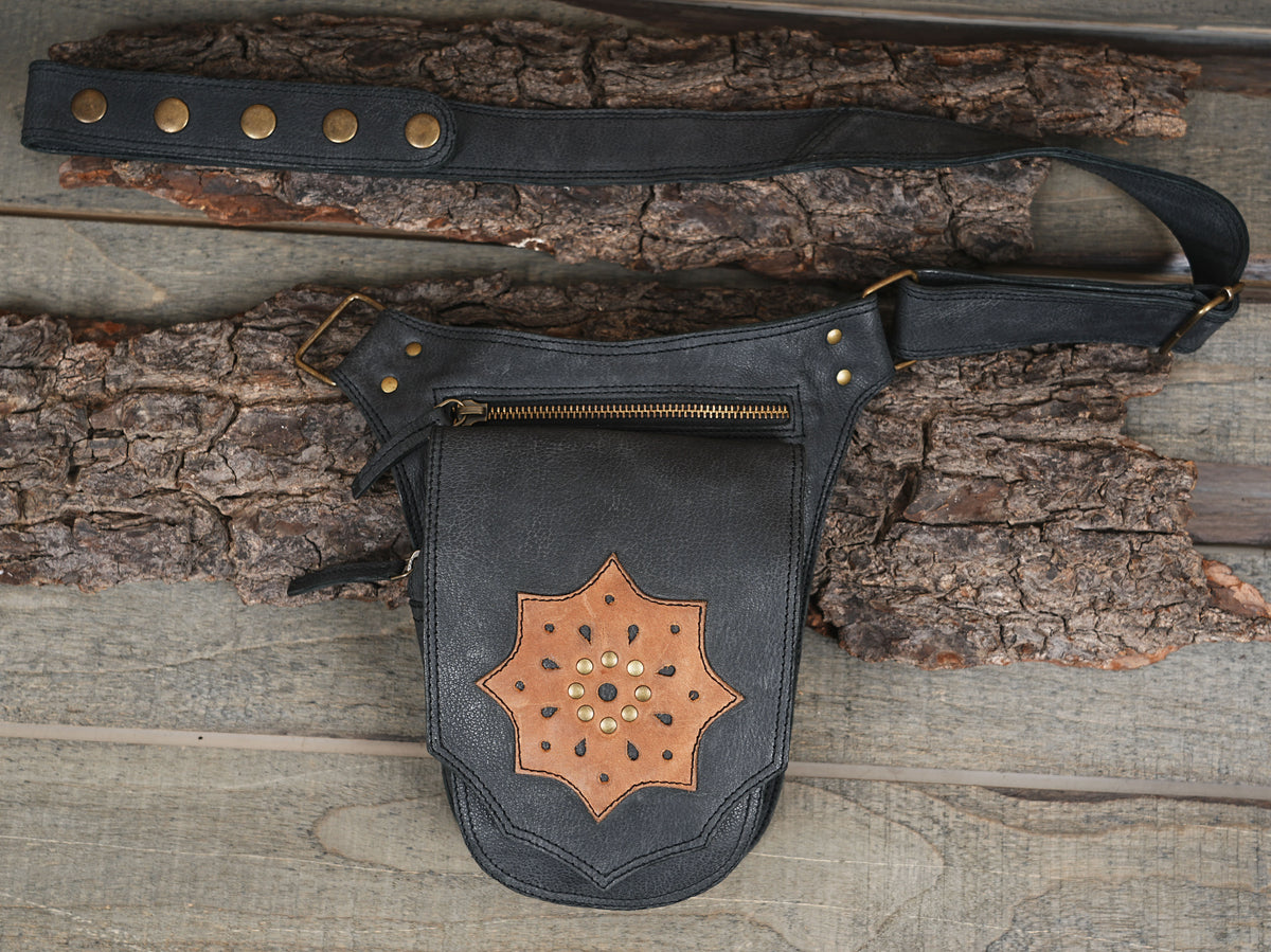 Black leather hip holster pouch with brown star cutout flap