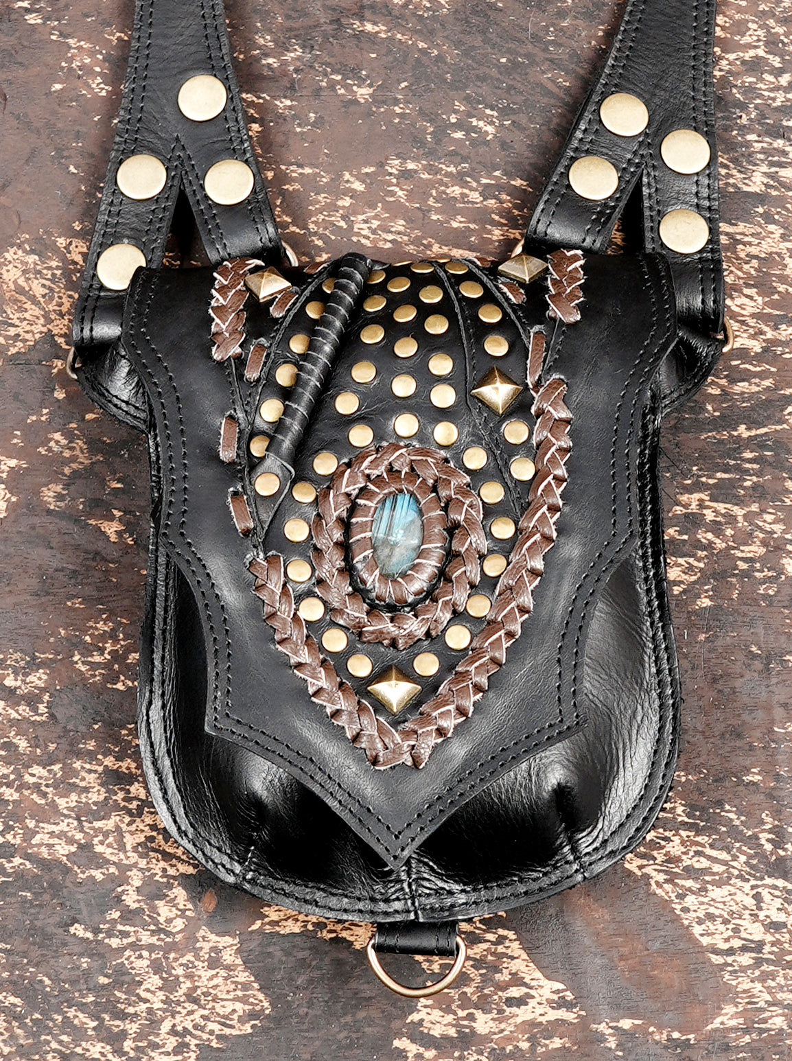 Handmade Leather Shoulder Holster with Dual Utility Pouches || Black Leather Chest Holster Harness with Studded Design (LT/AB/HLS/6056)