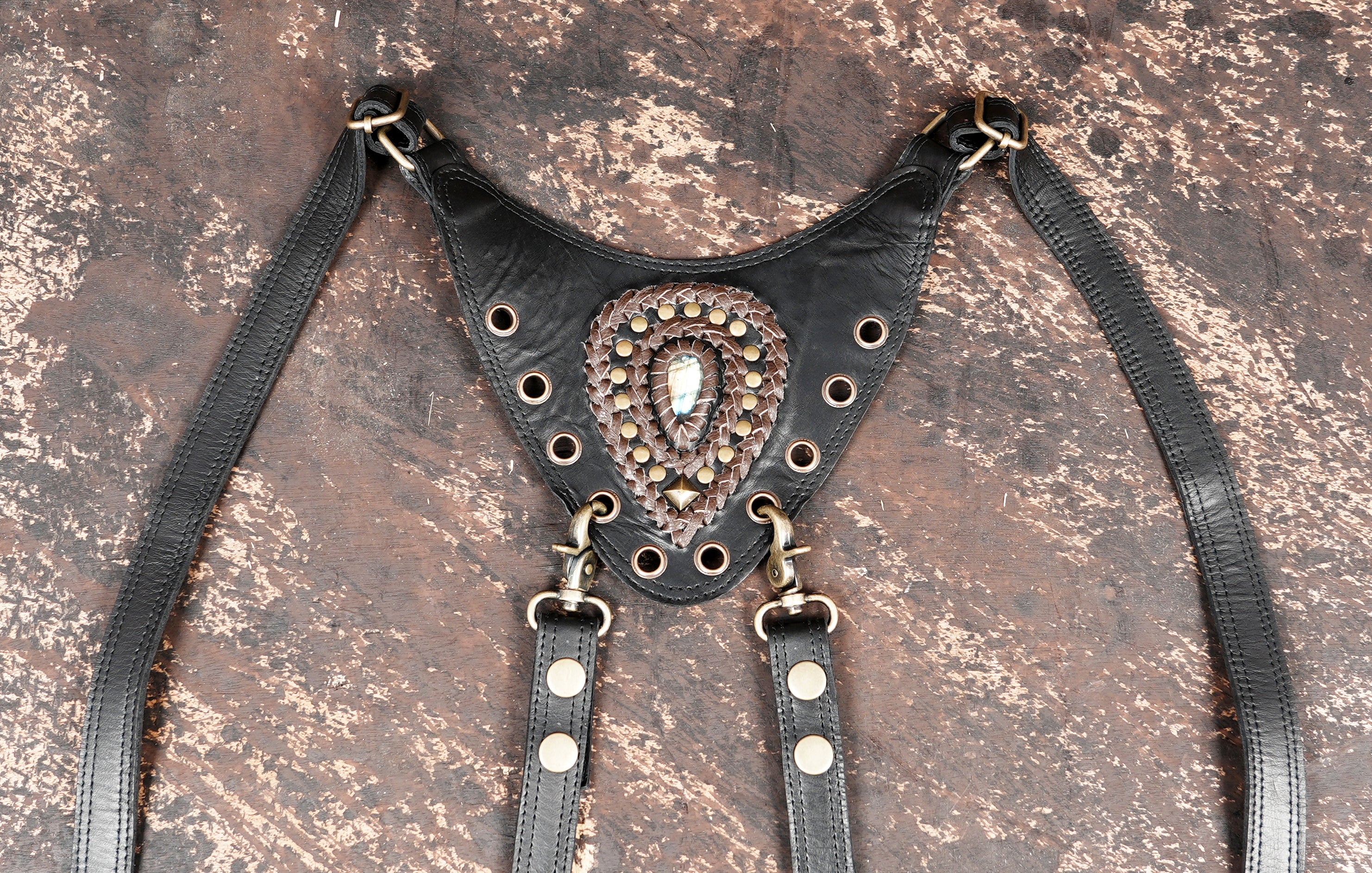 Boho style leather shoulder harness with two small leather bags