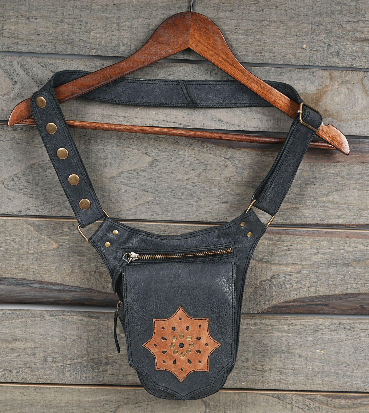 Festival leather hip holster bag with antique brass studs and zipper