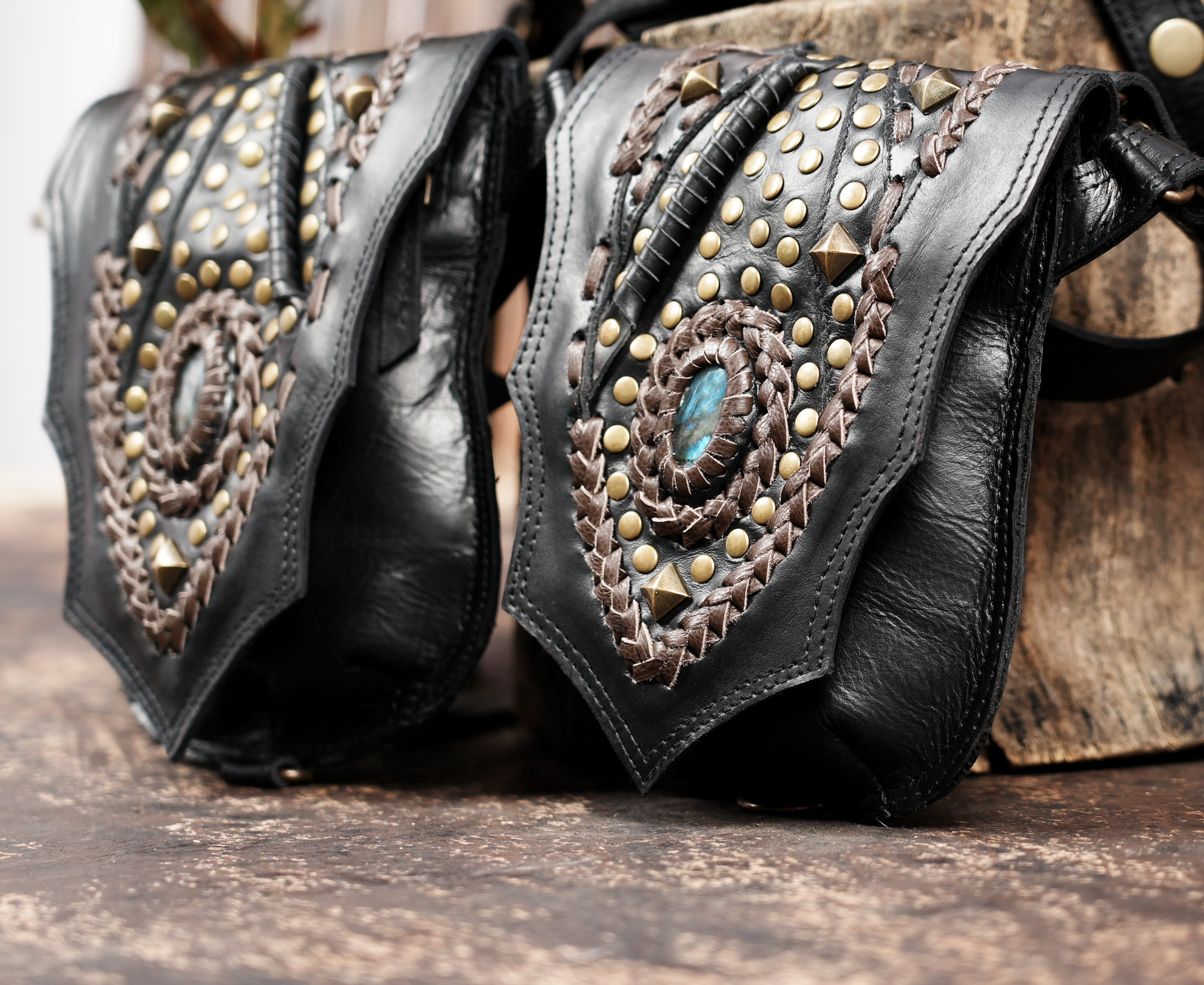 Steampunk inspired leather holster harness with metal studs