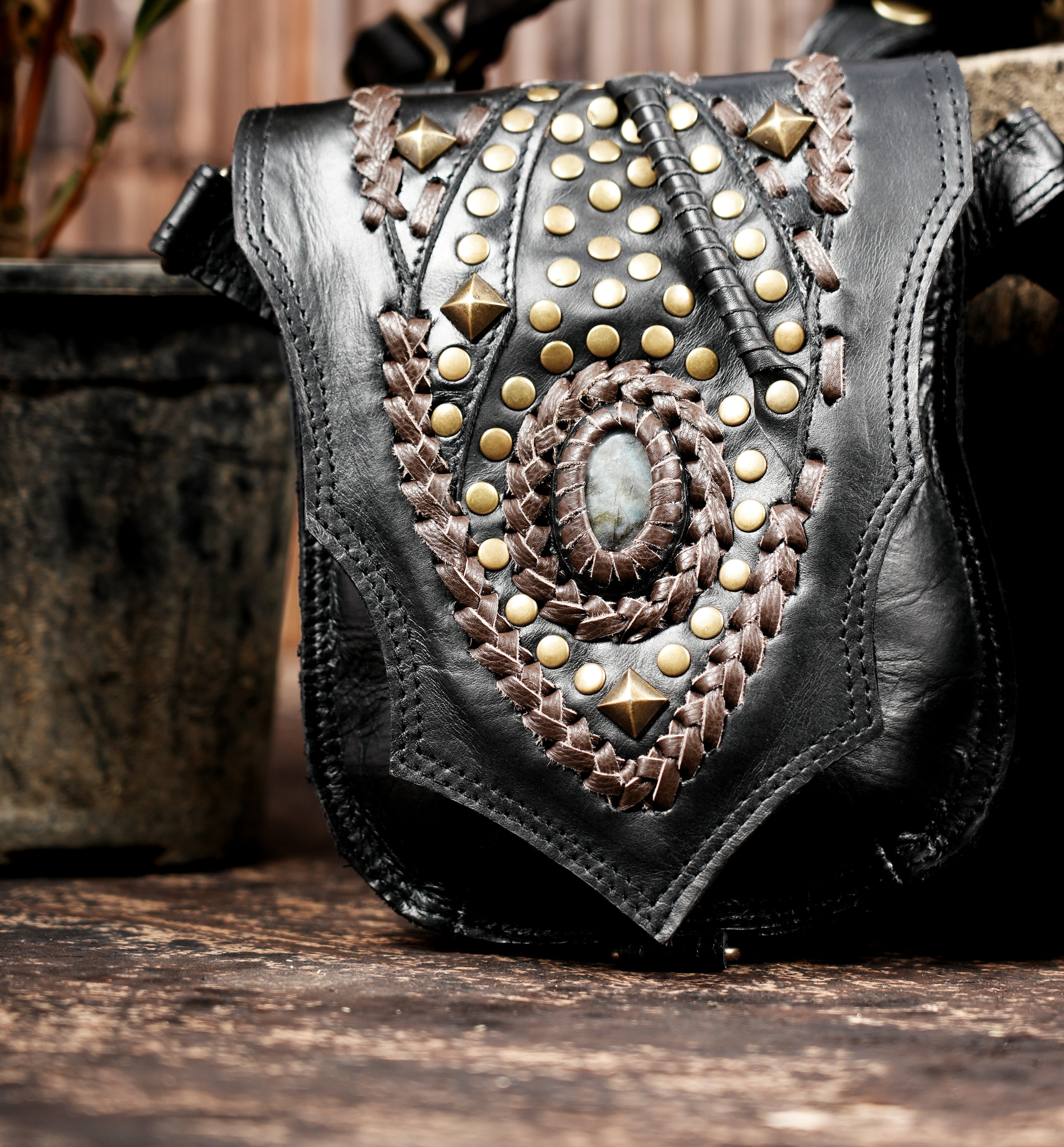 Festival leather holster harness with ornate metal detailing