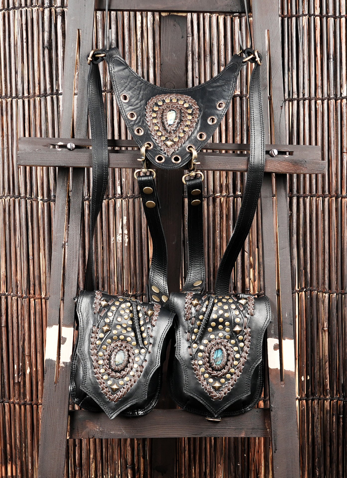 Black leather festival harness with two functional pouch holsters
