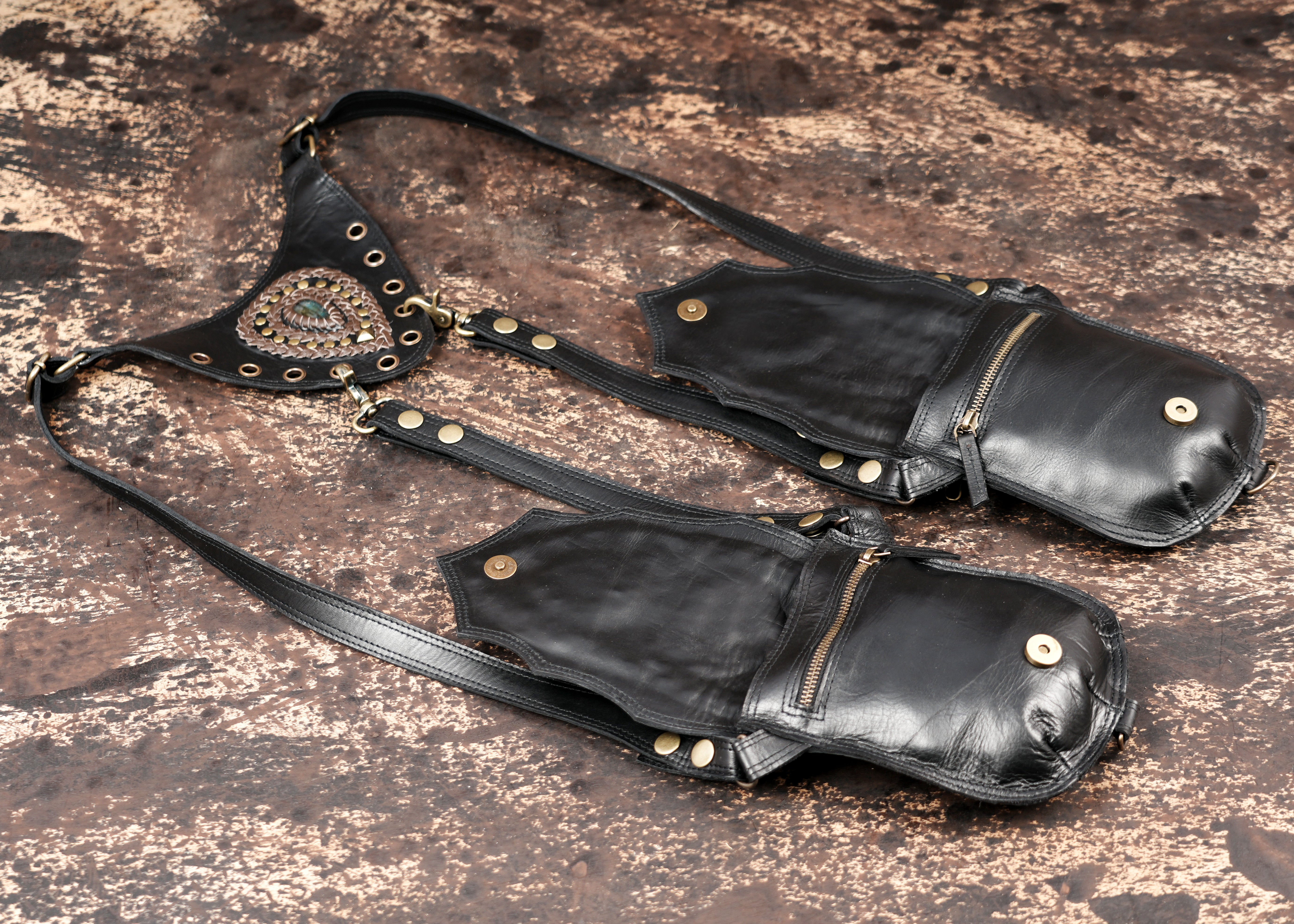 Alternative fashion leather shoulder holster with twin compartments