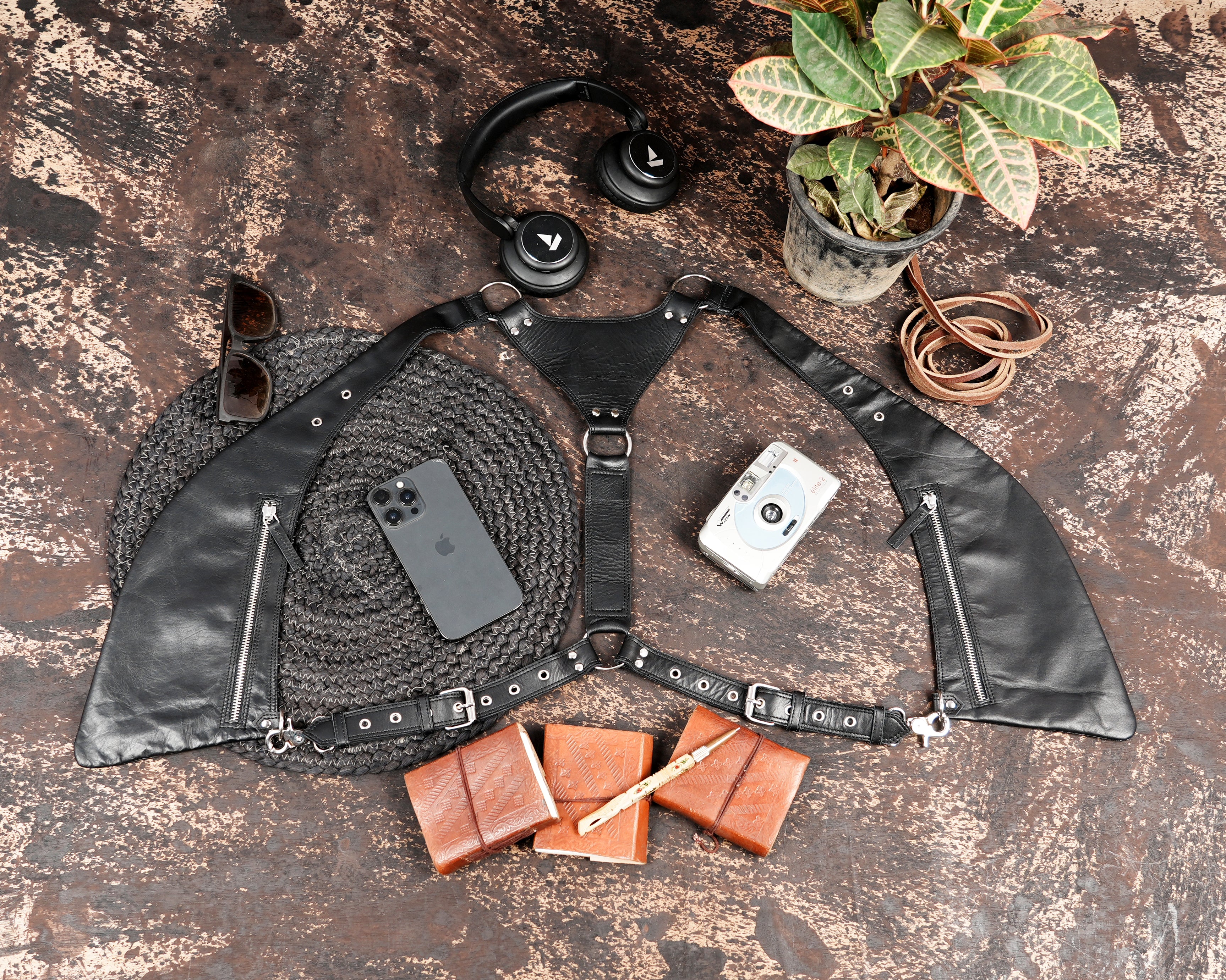 Artisan leather chest harness with zippered side panels