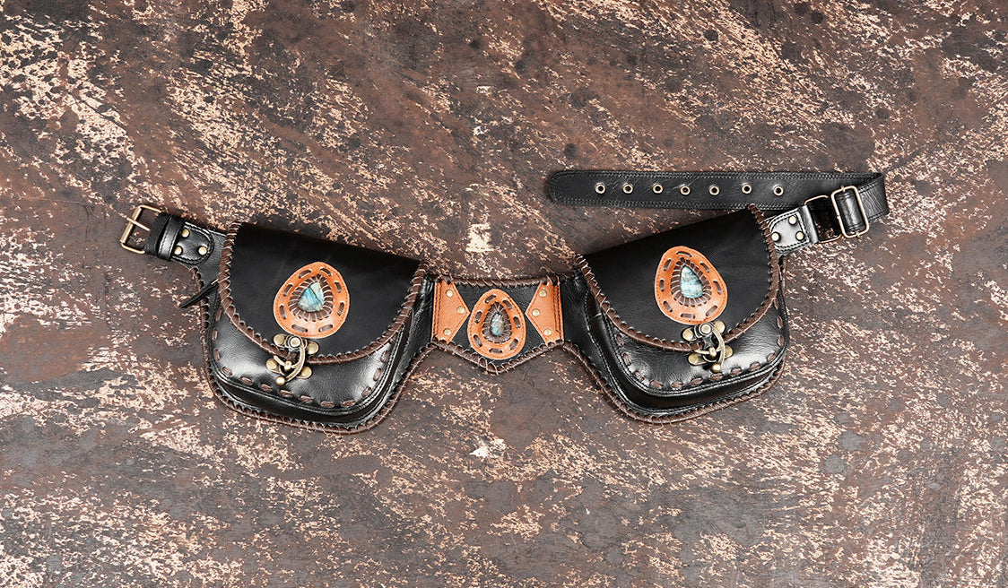 Handmade leather waist belt with dual pouch design and gemstone detail